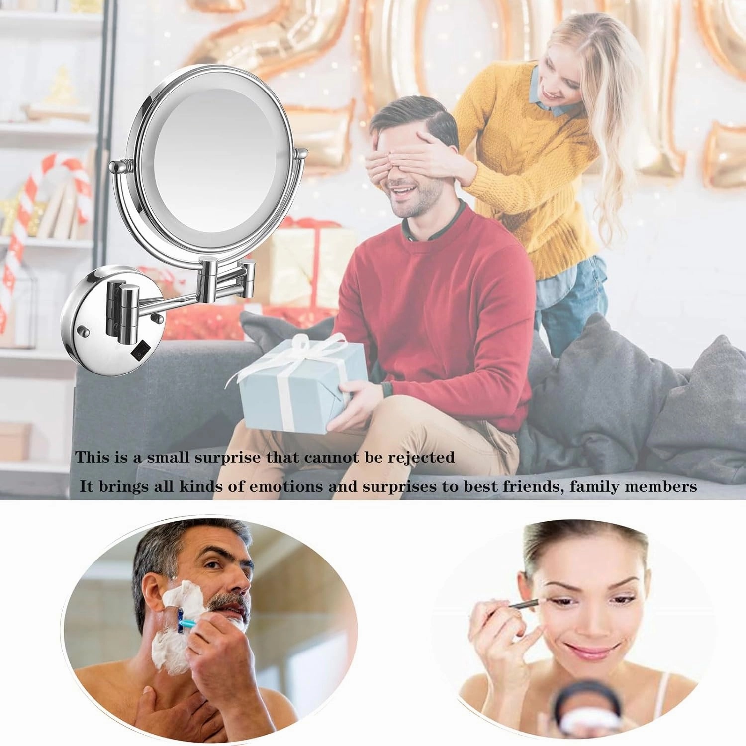 Makeup Mirror Wall Mounted, Bathroom Mirrors with LED Light, 3X/5X/7X/10X Magnifying Makeup Mirror, Double Sided Swivel Makeup Mirro, for Make up, Shave Wait (Silver Plug 7X)