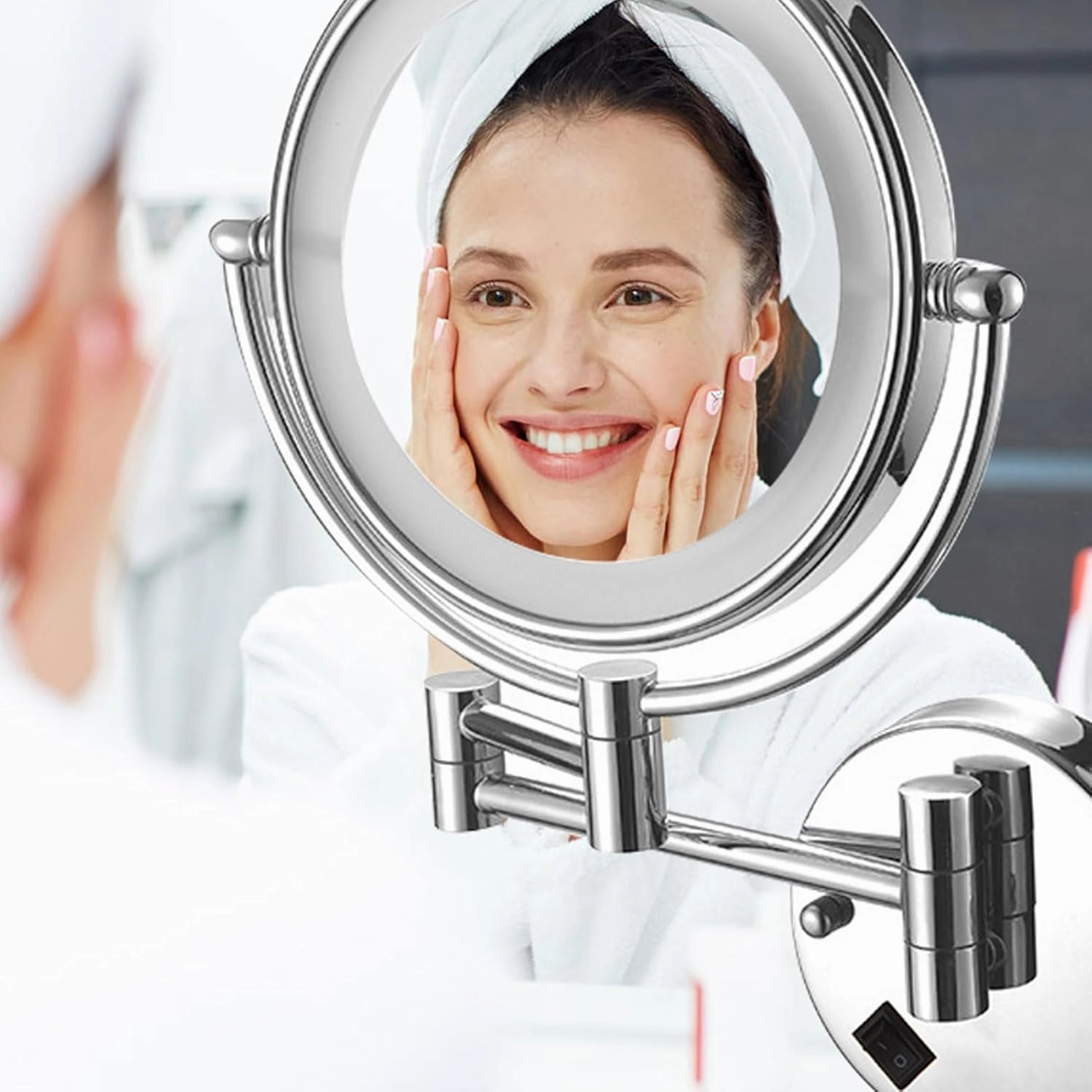 Makeup Mirror Wall Mounted, Bathroom Mirrors with LED Light, 3X/5X/7X/10X Magnifying Makeup Mirror, Double Sided Swivel Makeup Mirro, for Make up, Shave Wait (Silver Plug 7X)
