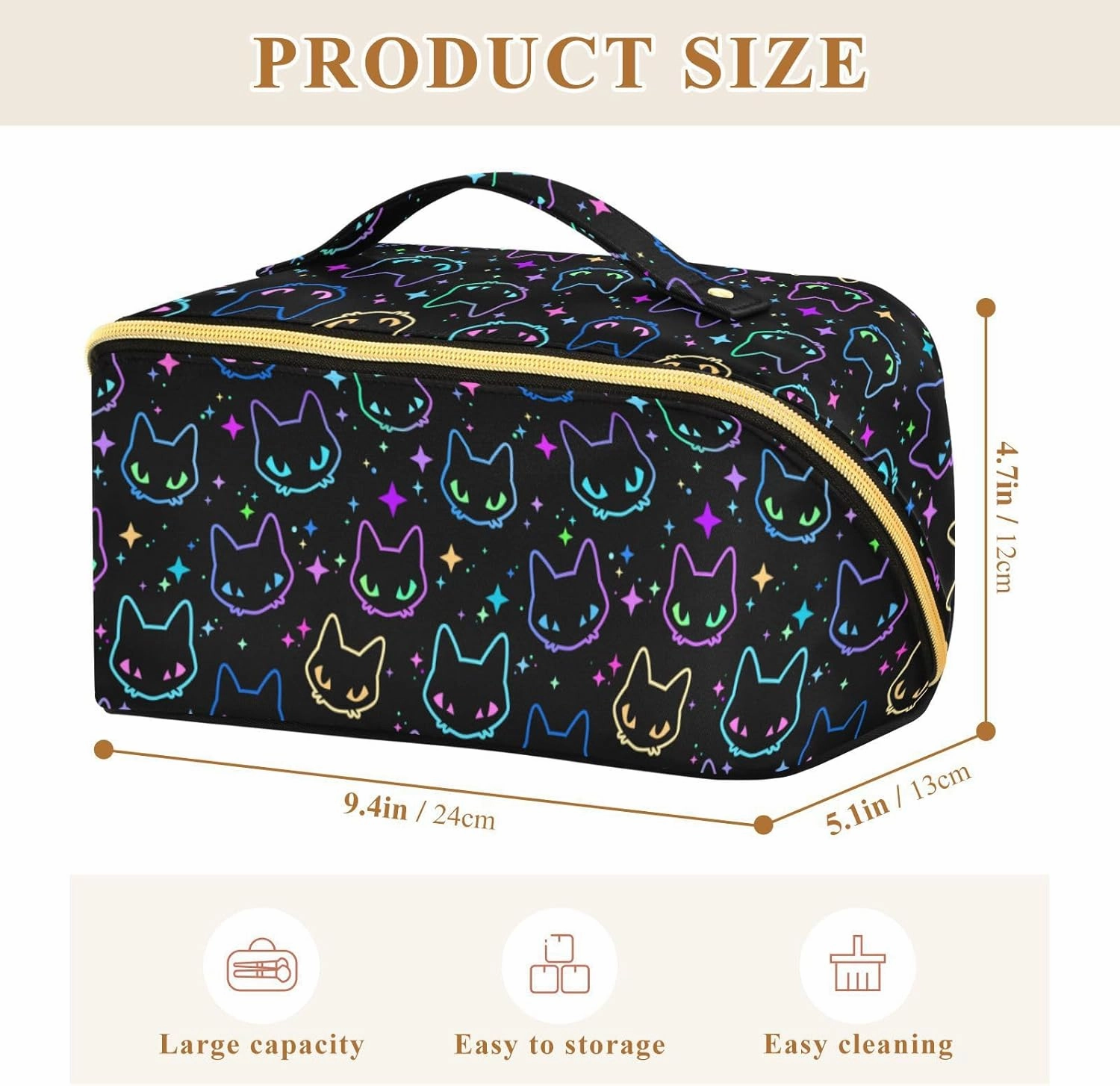 Makeup Organizer Bag, Colorful Neon Cat Heads Travel Makeup Bags Makeup Vanity Case Large Capacity Rhombus Cosmetic Toiletry Bag for Girl Women Ladies