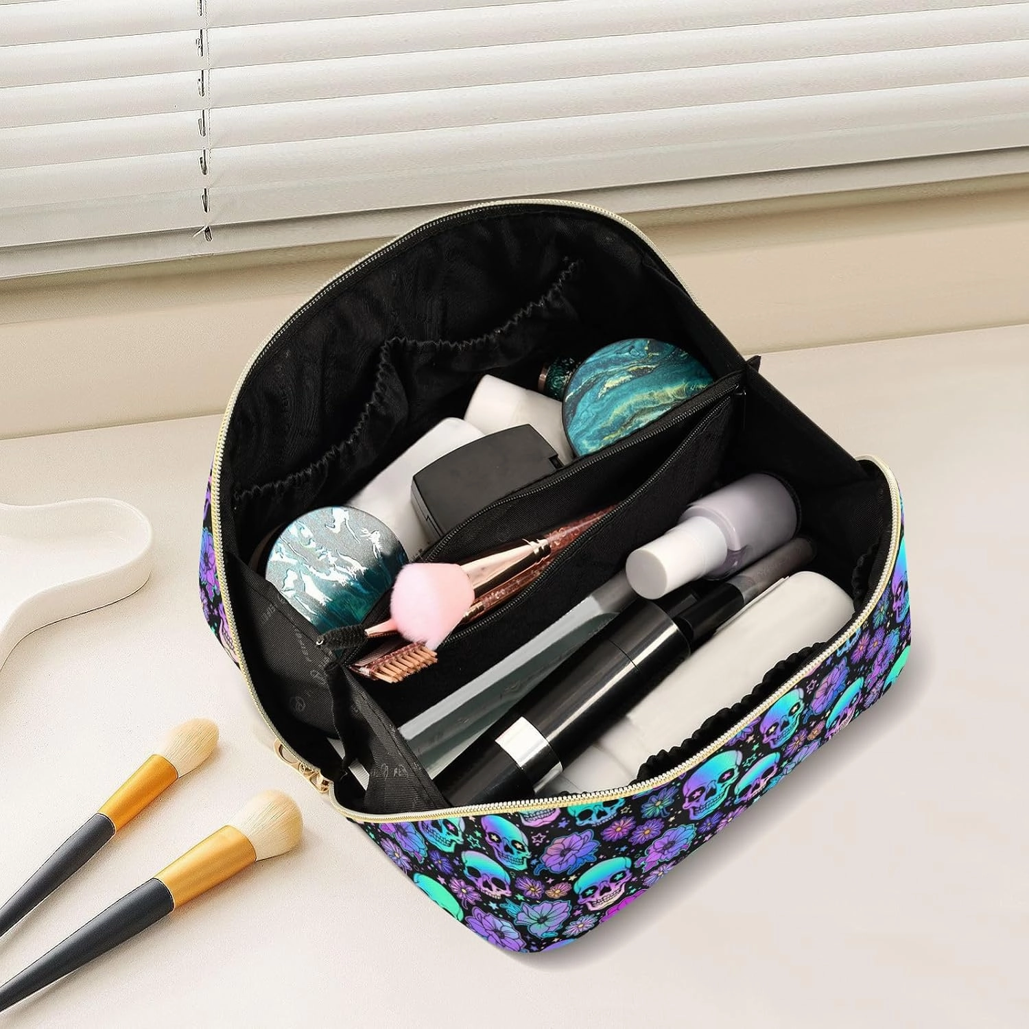 Makeup Organizer Bag, Funny Skulls Travel Makeup Bags Makeup Vanity Case Large Capacity Rhombus Cosmetic Toiletry Bag for Girl Women Ladies