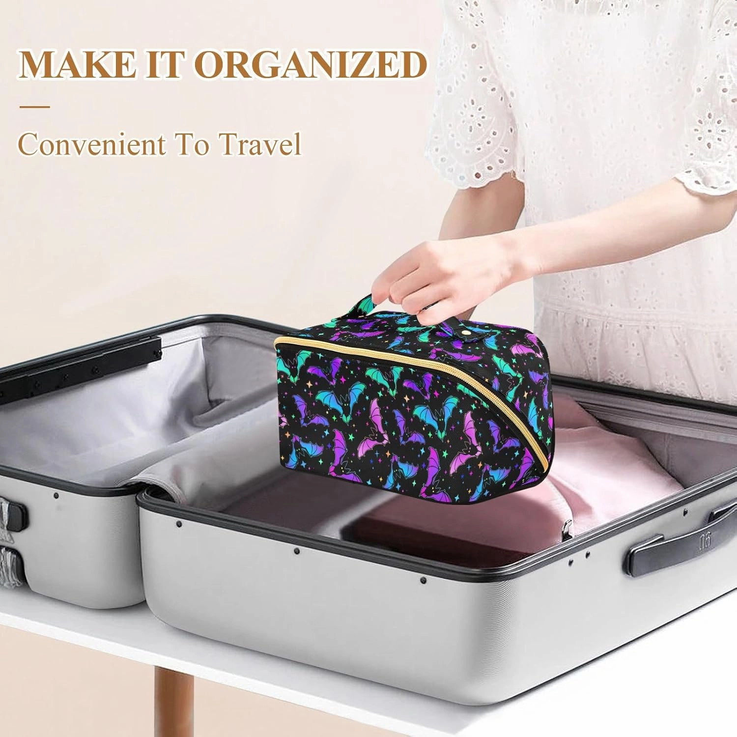 Makeup Organizer Bag, Halloween Luminous Bats Travel Makeup Bags Makeup Vanity Case Large Capacity Rhombus Cosmetic Toiletry Bag for Girl Women Ladies