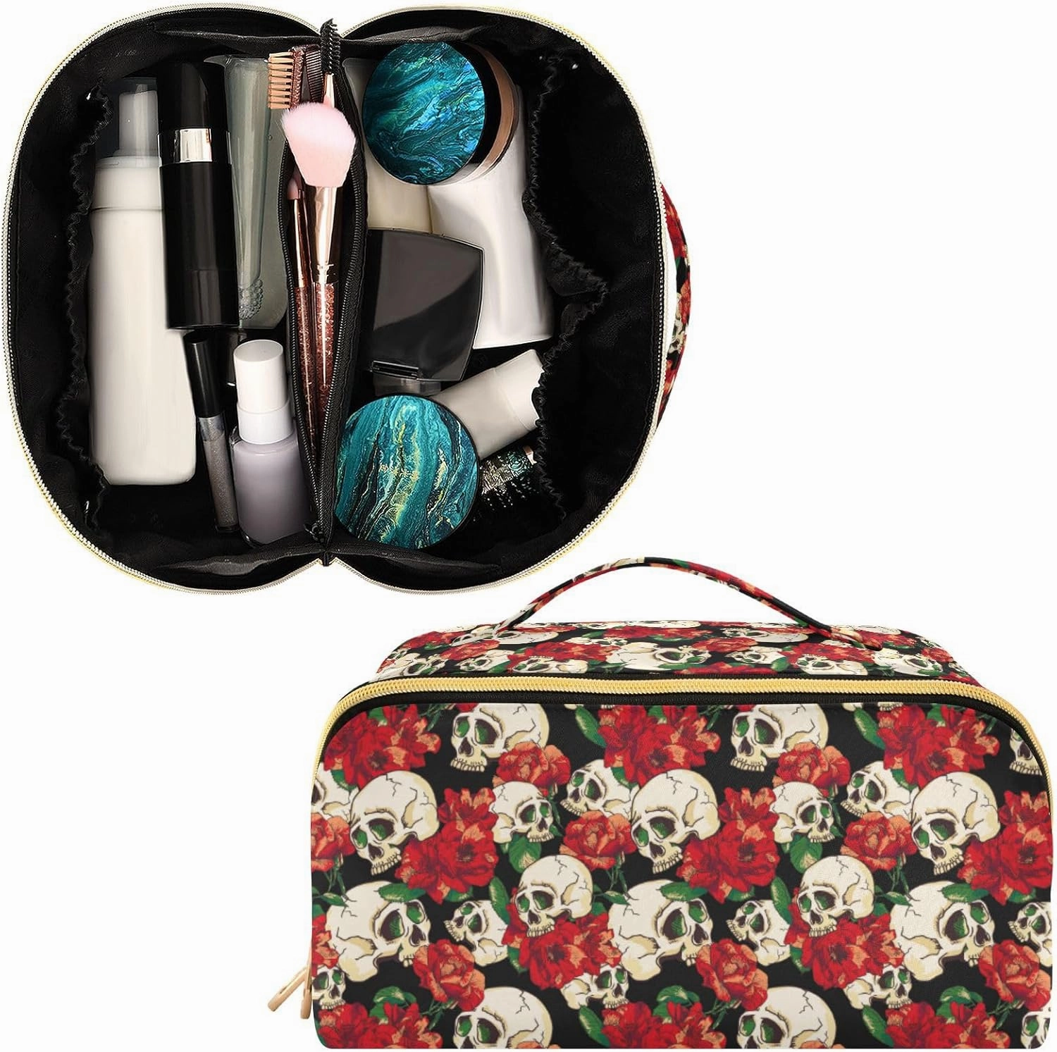 Makeup Organizer Bag, Skull and Flower Travel Makeup Bags Makeup Vanity Case Large Capacity Rhombus Cosmetic Toiletry Bag for Girl Women Ladies