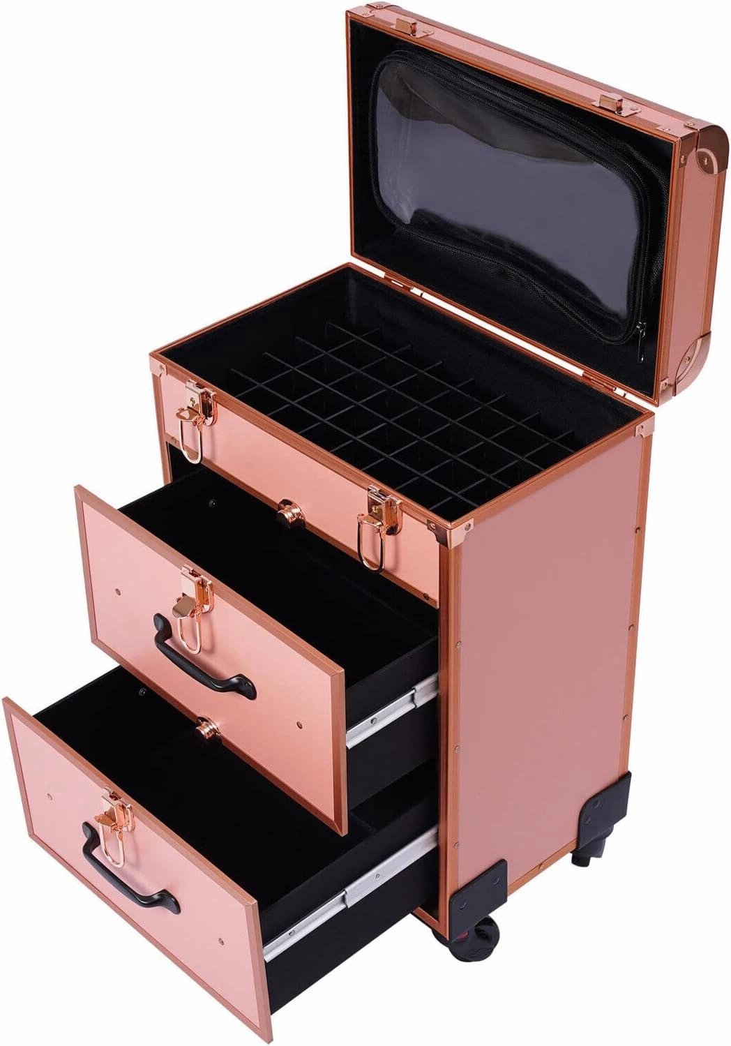 Makeup Train Case Trolley Makeup Box, Cosmetic Box Portable Makeup Case Organizer Storage Bag with Adjustable Dividers Makeup Brushes Storage Organizer & Locks Rose Gold