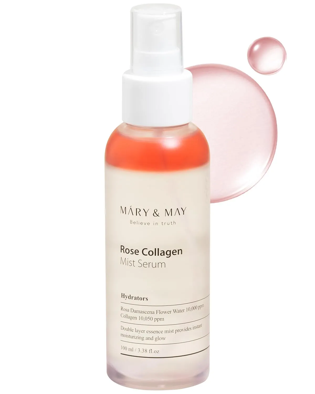 Mary&May Rose Collagen Mist Serum - Double Layer Essence Face Spray - Instant Hydration, Radiance, Anti-Aging and Glowing Skin with Damask Rose Water and Plant-Based Oils, 3.38 fl.oz.