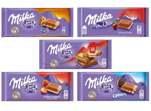 Milka Chocolate Bars Assorted Full Size Bars Preselected Bundle of 5, 100g Each