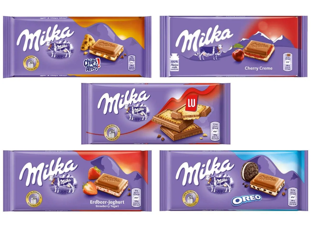 Milka Chocolate Bars Assorted Full Size Bars Preselected Bundle of 5, 100g Each