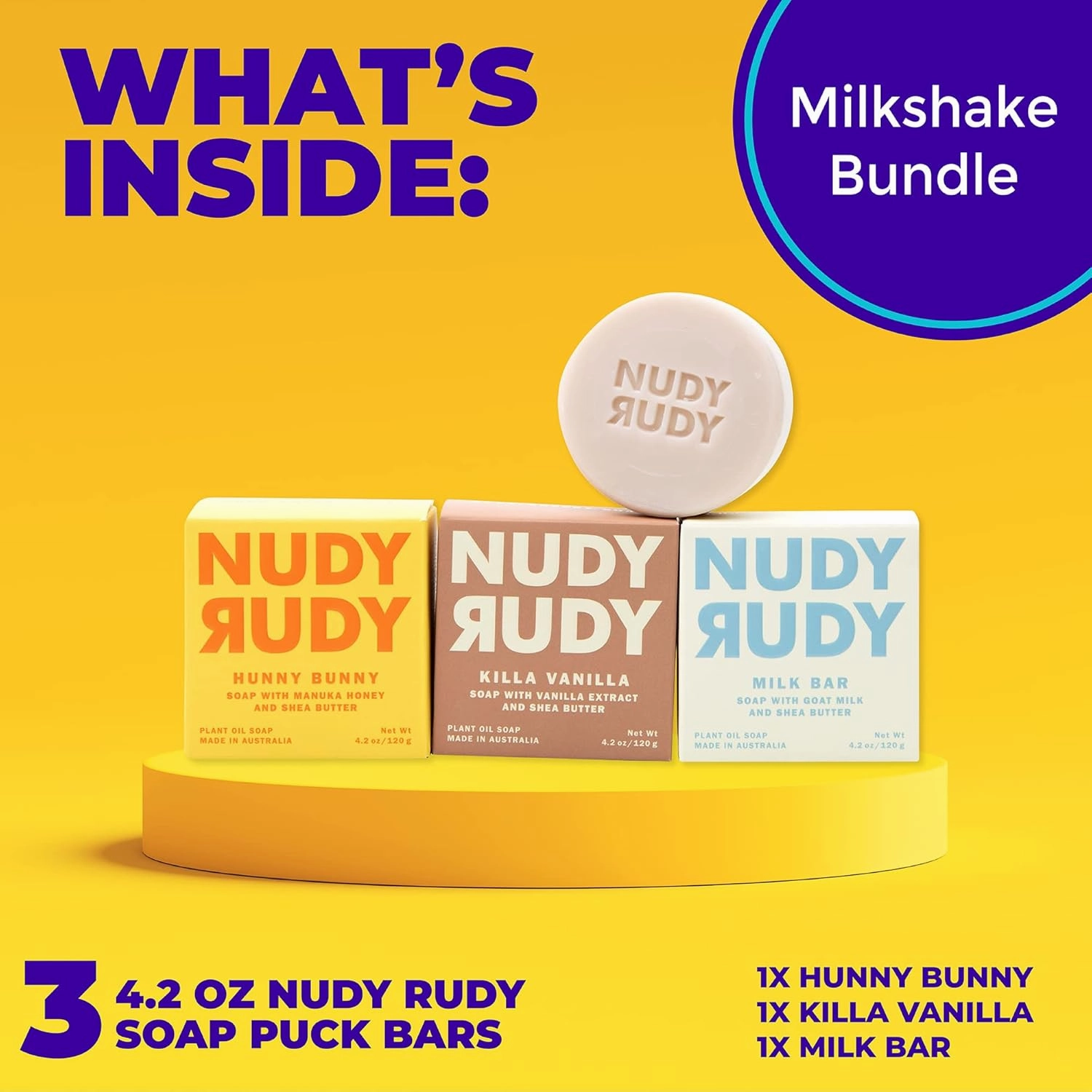 Milkshake Bundle Bar Soap Pucks, Includes Milk Bar, Hunny Bunny, Killa Vanilla, Made with Organic Shea Butter, Pure Plant Oils, Triple Milled Bars, All Skin Types, 4.2 oz Each - Pack of 3