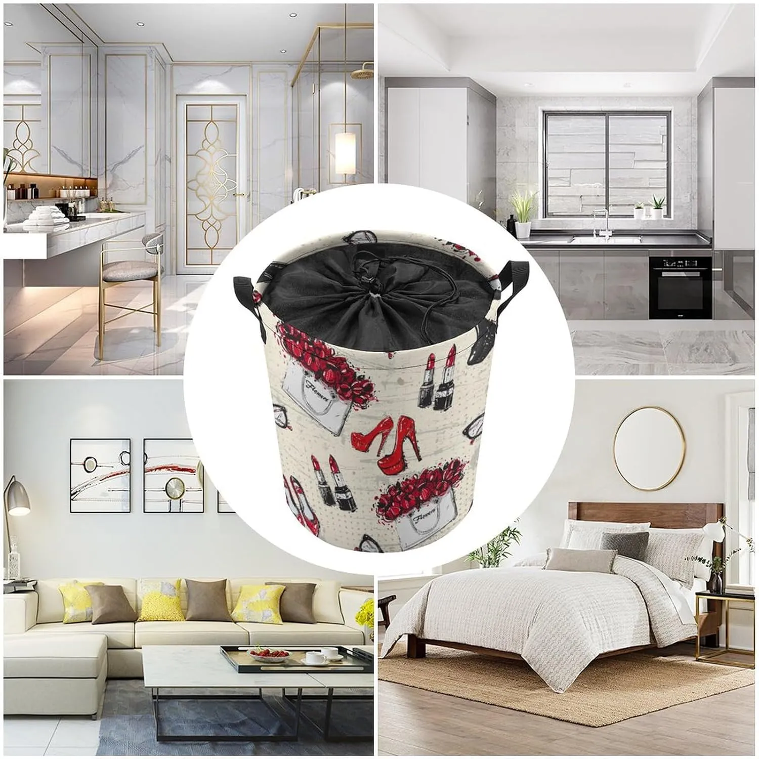 Modern Watercolor Makeup Theme Collapsible Folding Washing Bin,Rustic Abstract Spring Floral Rose Heels Lipstick Print For Laundry Room, Balcony Dirty Clothes Basket-13.8"W X13.8"L X17.3"H