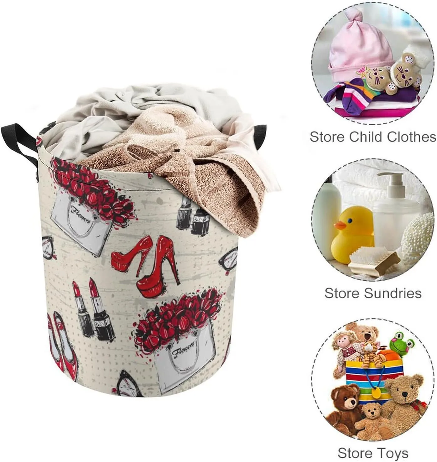Modern Watercolor Makeup Theme Collapsible Folding Washing Bin,Rustic Abstract Spring Floral Rose Heels Lipstick Print For Laundry Room, Balcony Dirty Clothes Basket-13.8"W X13.8"L X17.3"H