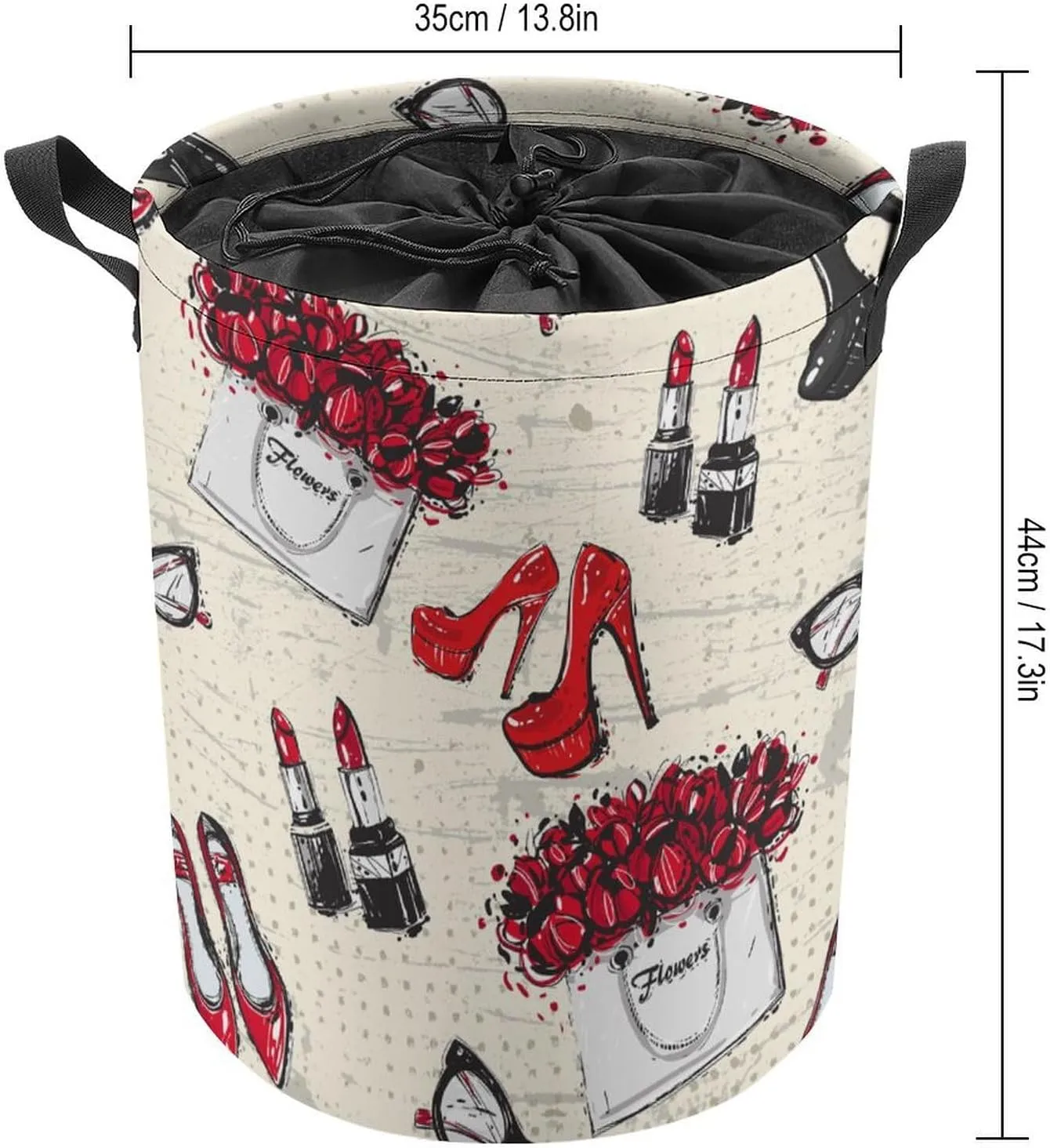 Modern Watercolor Makeup Theme Collapsible Folding Washing Bin,Rustic Abstract Spring Floral Rose Heels Lipstick Print For Laundry Room, Balcony Dirty Clothes Basket-13.8"W X13.8"L X17.3"H