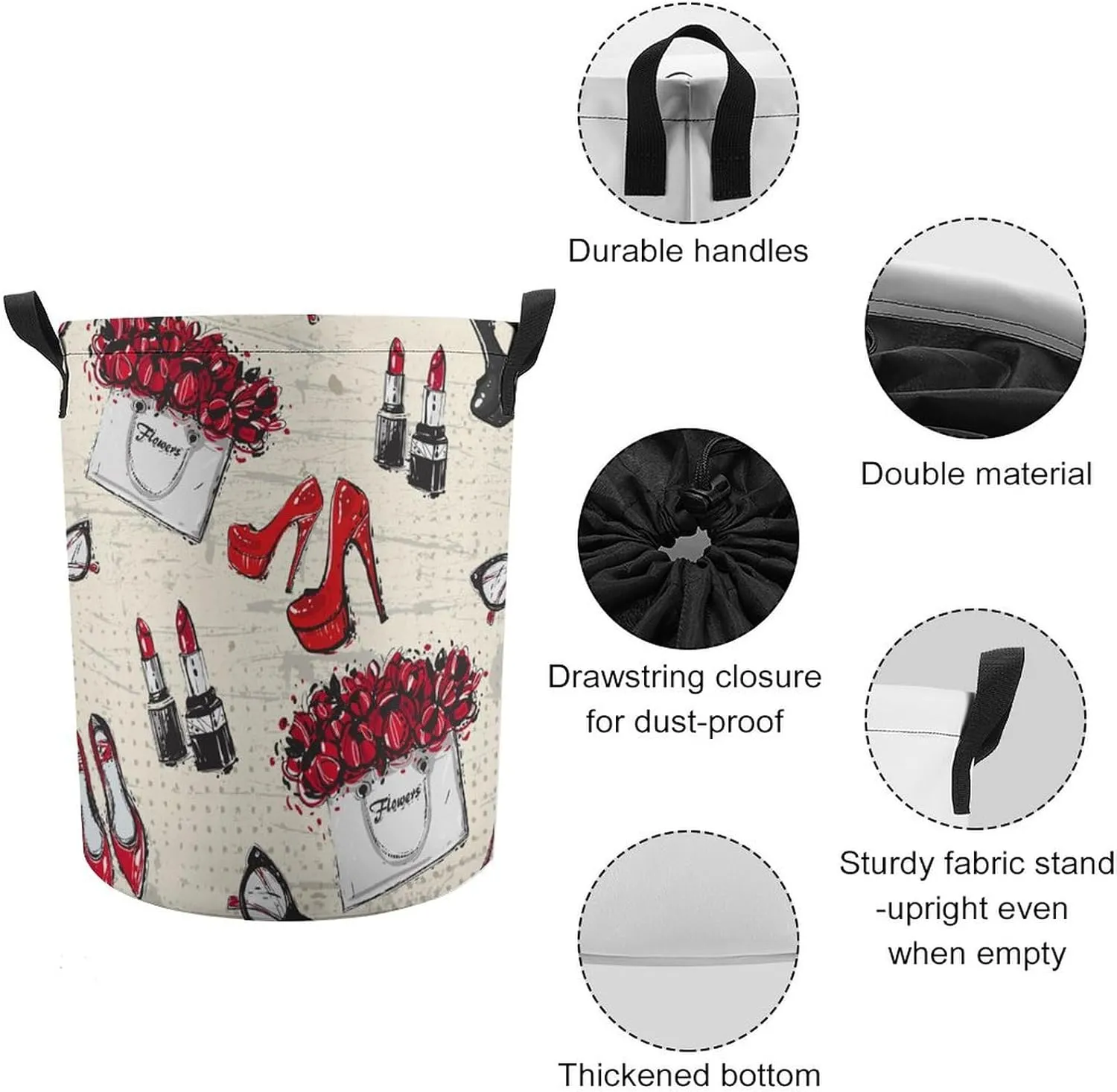 Modern Watercolor Makeup Theme Collapsible Folding Washing Bin,Rustic Abstract Spring Floral Rose Heels Lipstick Print For Laundry Room, Balcony Dirty Clothes Basket-13.8"W X13.8"L X17.3"H