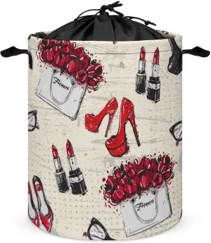 Modern Watercolor Makeup Theme Collapsible Folding Washing Bin,Rustic Abstract Spring Floral Rose Heels Lipstick Print For Laundry Room, Balcony Dirty Clothes Basket-13.8"W X13.8"L X17.3"H