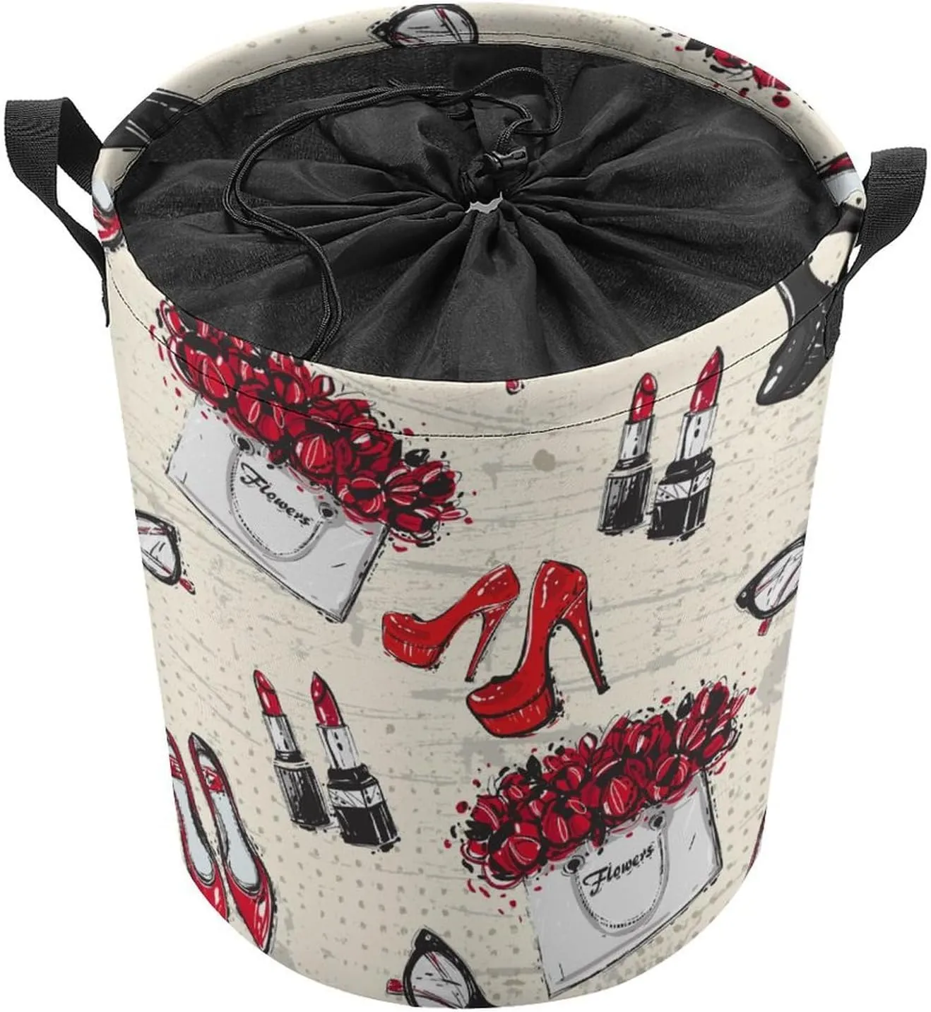 Modern Watercolor Makeup Theme Collapsible Folding Washing Bin,Rustic Abstract Spring Floral Rose Heels Lipstick Print For Laundry Room, Balcony Dirty Clothes Basket-13.8"W X13.8"L X17.3"H