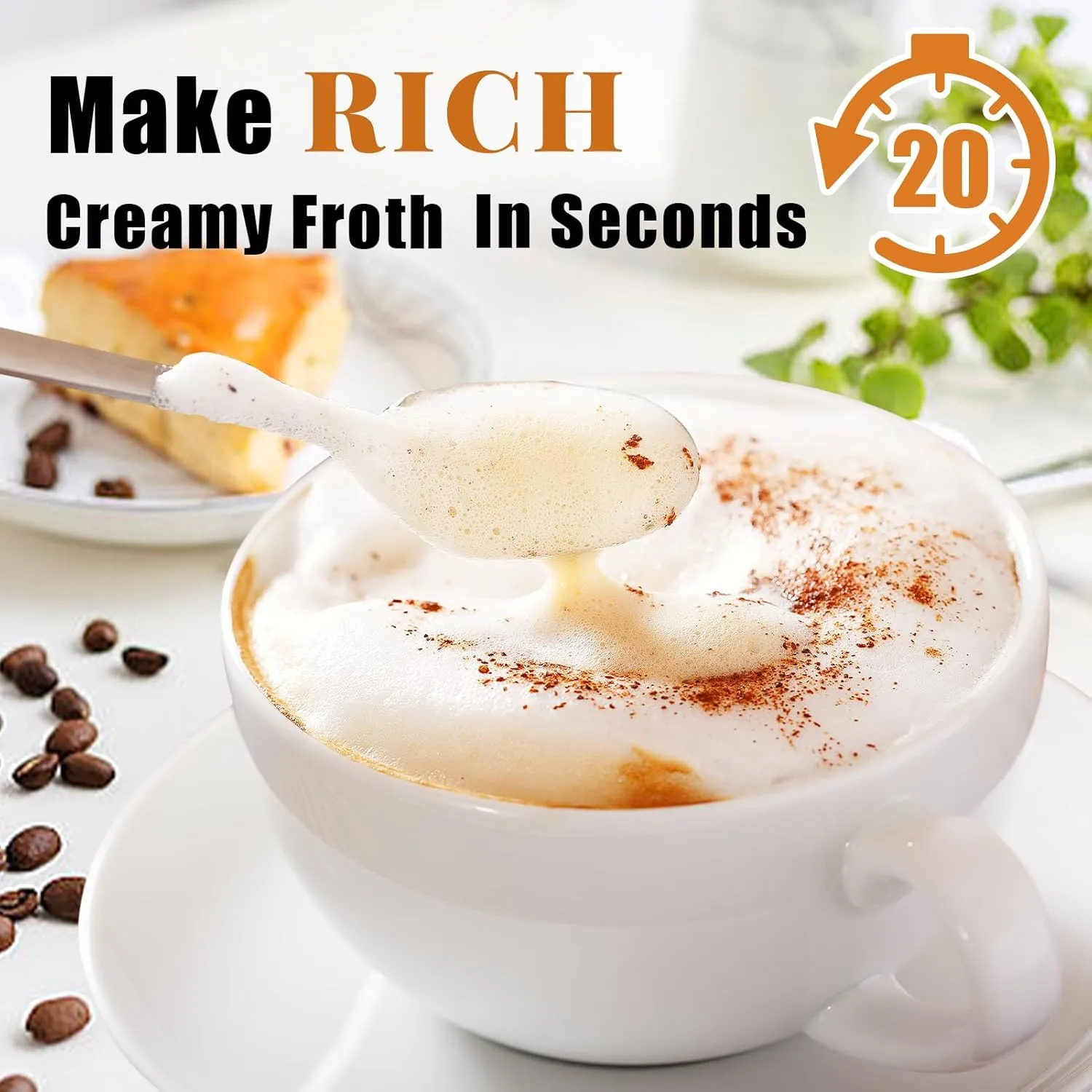 Nahida Beige Milk Frother Wand for Coffee, Frother Handheld Rechargeable Electric Whisk with 3 Heads 3 Speeds Drink Mixer Coffee Frother Foam Maker For Latte, Cappuccino, Hot Chocolate, Egg