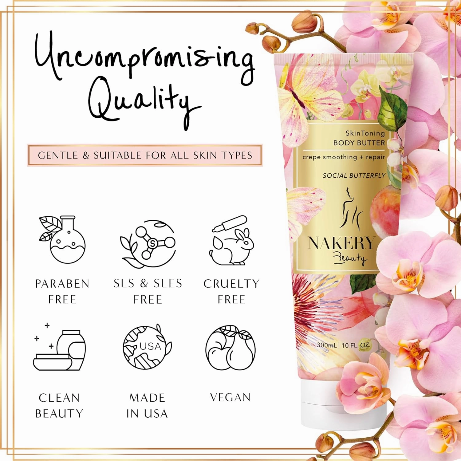 NAKERY Body Butter Anti Aging Moisturizer - Body Cream Skin Tightening Cream & Neck Firming Cream, Moisturizing Cream & Neck Tightening Cream for Body & Face Cream for Dry Skin 300ml(Social Butterfly)