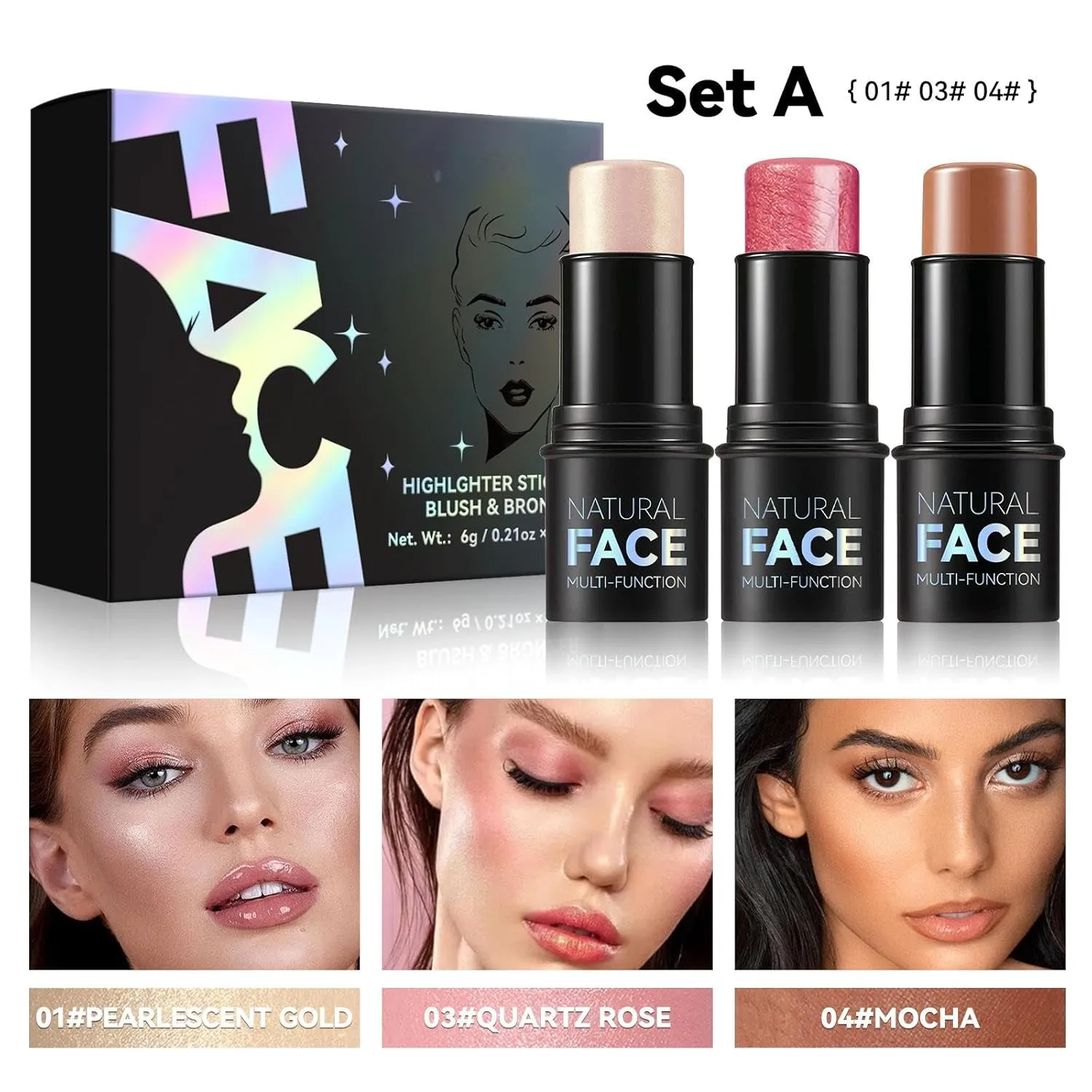 Natural Face Multi-Functional Makeup Stick, 12 Shades, Waterproof Blush, Contour, Highlight for Eyes, Lips, Cheeks, Oil-Control,Brightens, moisturizes and nourishes (A)