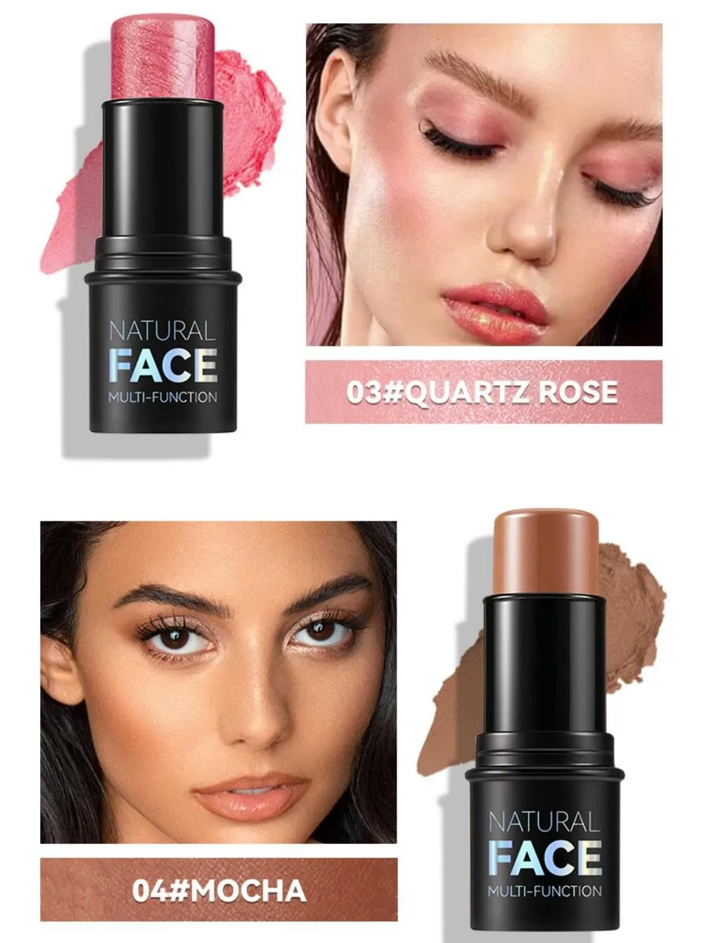 Natural Face Multi-Functional Makeup Stick, 12 Shades, Waterproof Blush, Contour, Highlight for Eyes, Lips, Cheeks, Oil-Control,Brightens, moisturizes and nourishes (A)