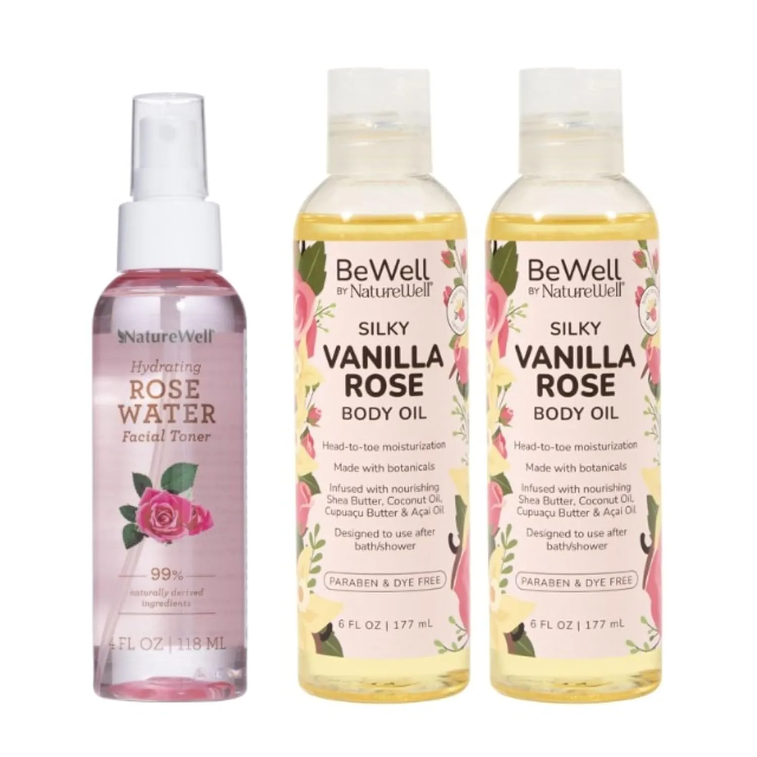 NATURE WELL Multi-Use Rose Facial Toner Mist & Vanilla-Rose Body Oil 2-Pack Bundle