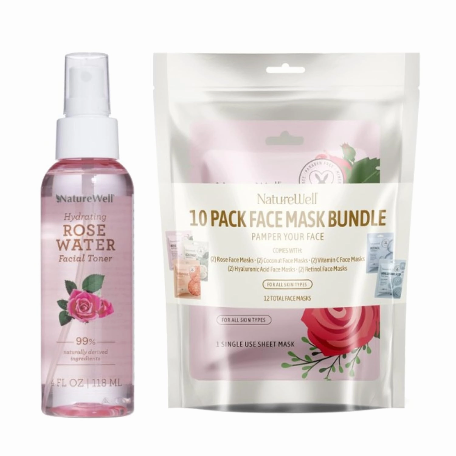 NATURE WELL Ultimate Facial Bundle, Includes (1) Rose Water Facial Toner Mist & (1) 10-Pack Individual Face Sheet Masks
