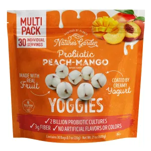 Nature's Garden Probiotic Peach Mango Yoggies, 21oz (30 x 0.7oz) - Yogurt Covered Fruit Snack, High Fiber, Real Fruit Pieces, Healthy Fruit Snack Packs