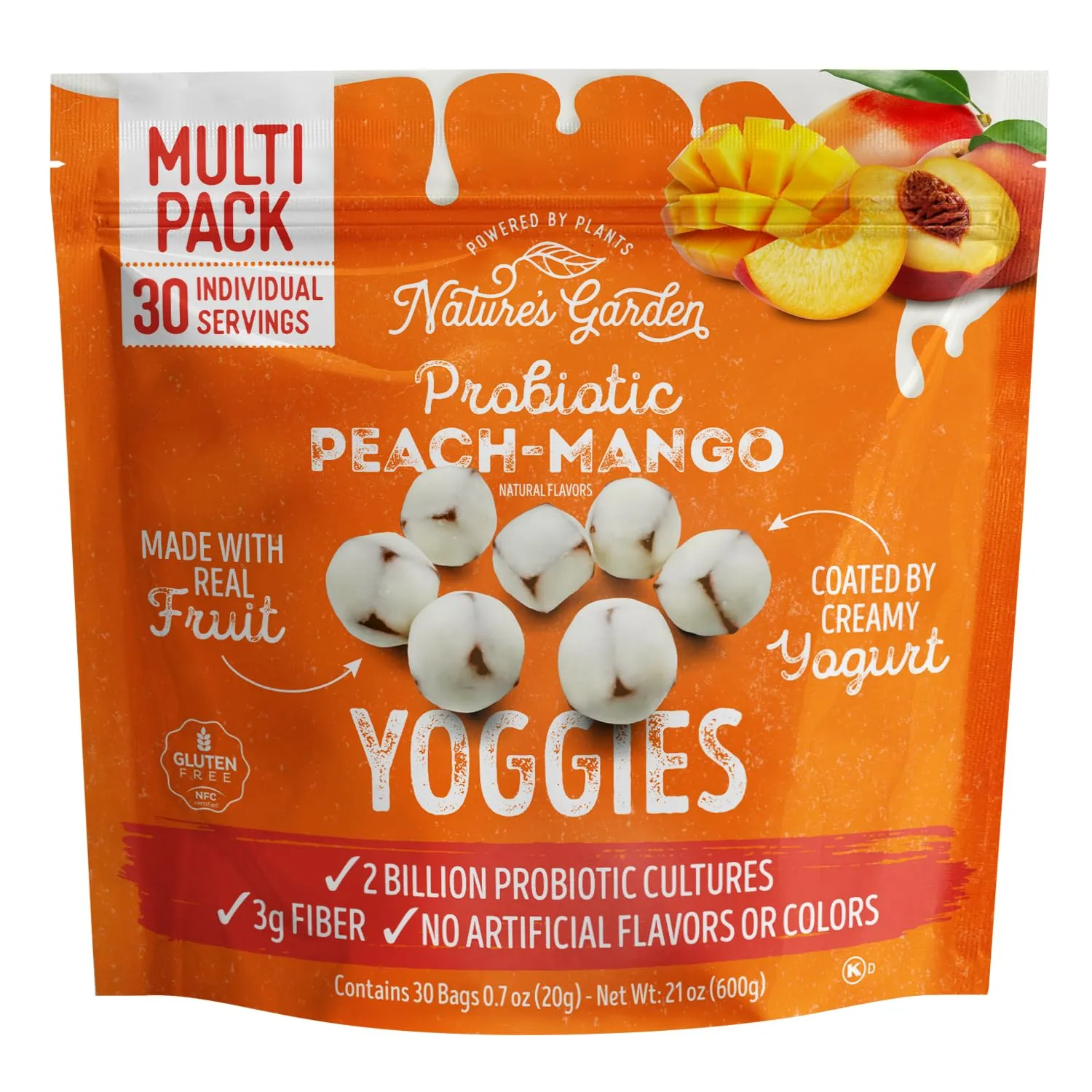 Nature's Garden Probiotic Peach Mango Yoggies, 21oz (30 x 0.7oz) - Yogurt Covered Fruit Snack, High Fiber, Real Fruit Pieces, Healthy Fruit Snack Packs
