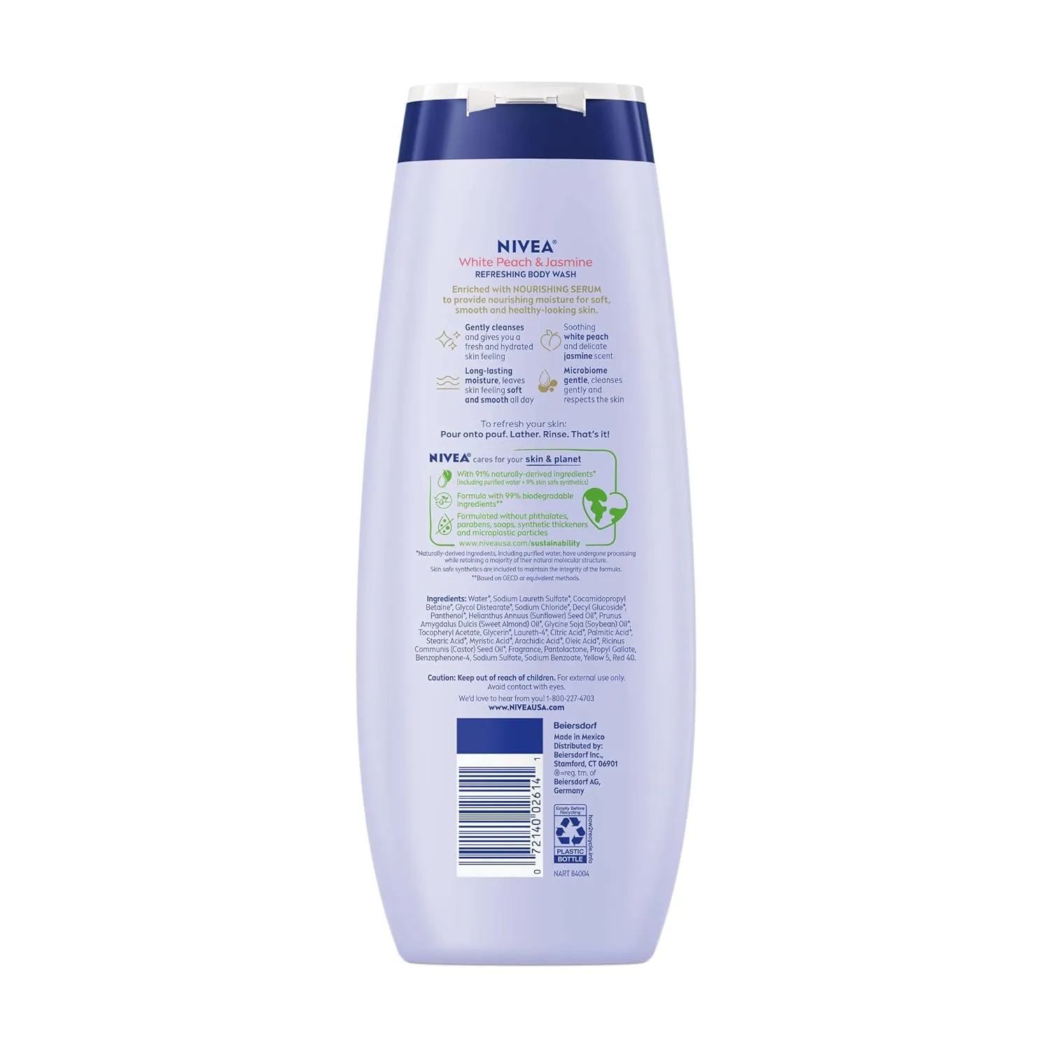 NIVEA Refreshing White Peach and Jasmine Body Wash with Nourishing Serum, Scented Body Wash for Women, Enriched with Provitamin B5 and Vitamin E, 20 Fl Oz Bottle, 3 Pack