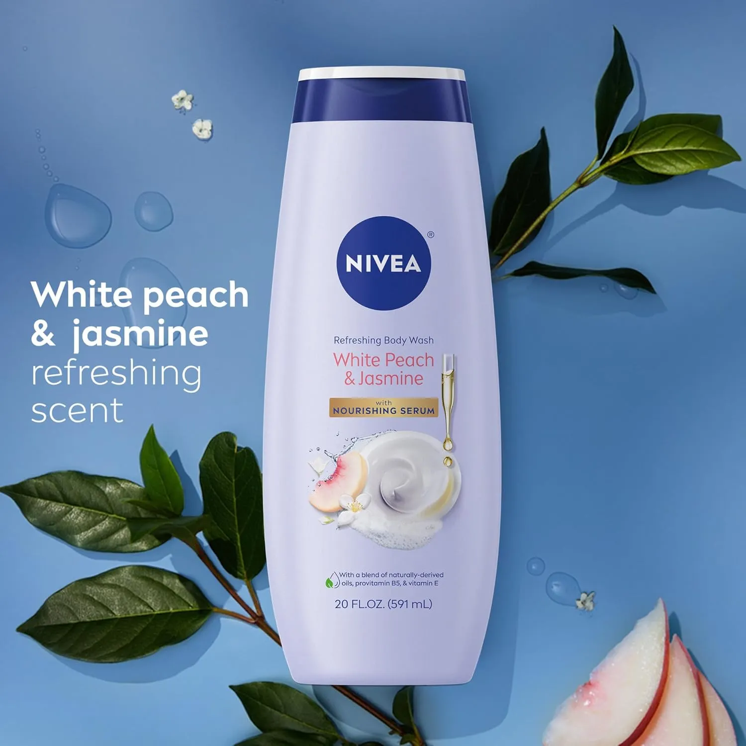 NIVEA Refreshing White Peach and Jasmine Body Wash with Nourishing Serum, Scented Body Wash for Women, Enriched with Provitamin B5 and Vitamin E, 20 Fl Oz Bottle, 3 Pack