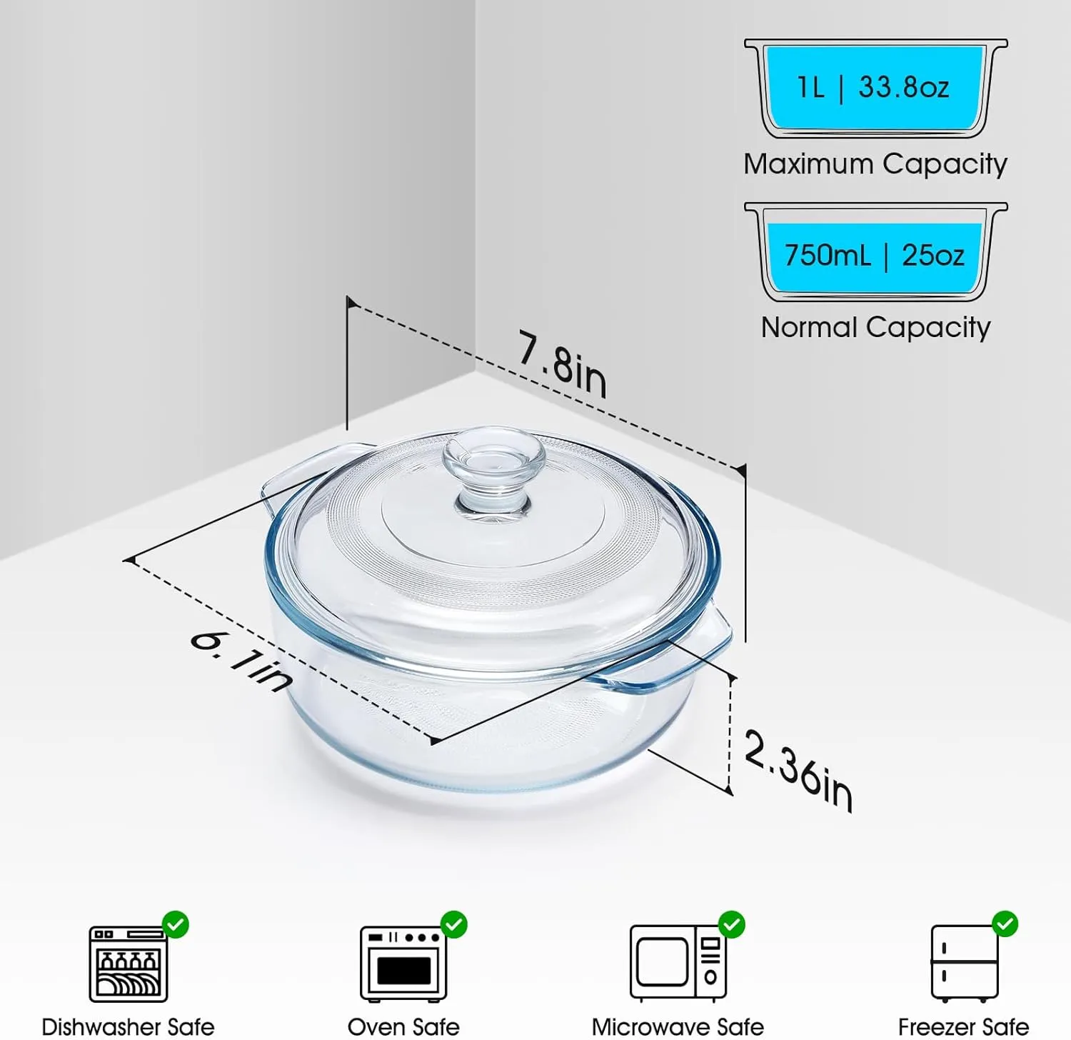 NUTRIUPS Mini Glass Casserole Dish with Lid Oven Safe Round Casserole Dish 6"" Glass Baking Dish With Lid Small Casserole Cookware (28.7oz), clear
