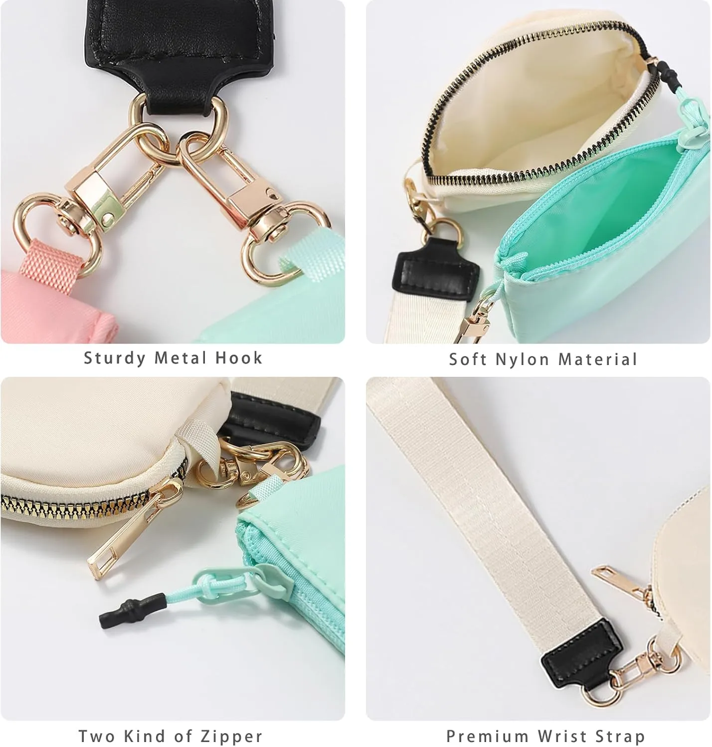 Nylon Small Keychain Makeup Bag, Zippered Pouch with Nylon Lanyard, Mini Portable Cosmetic Pouch,Coin Purse Lipstick Cosmetic Accessories Organizer（Beige and Blue）