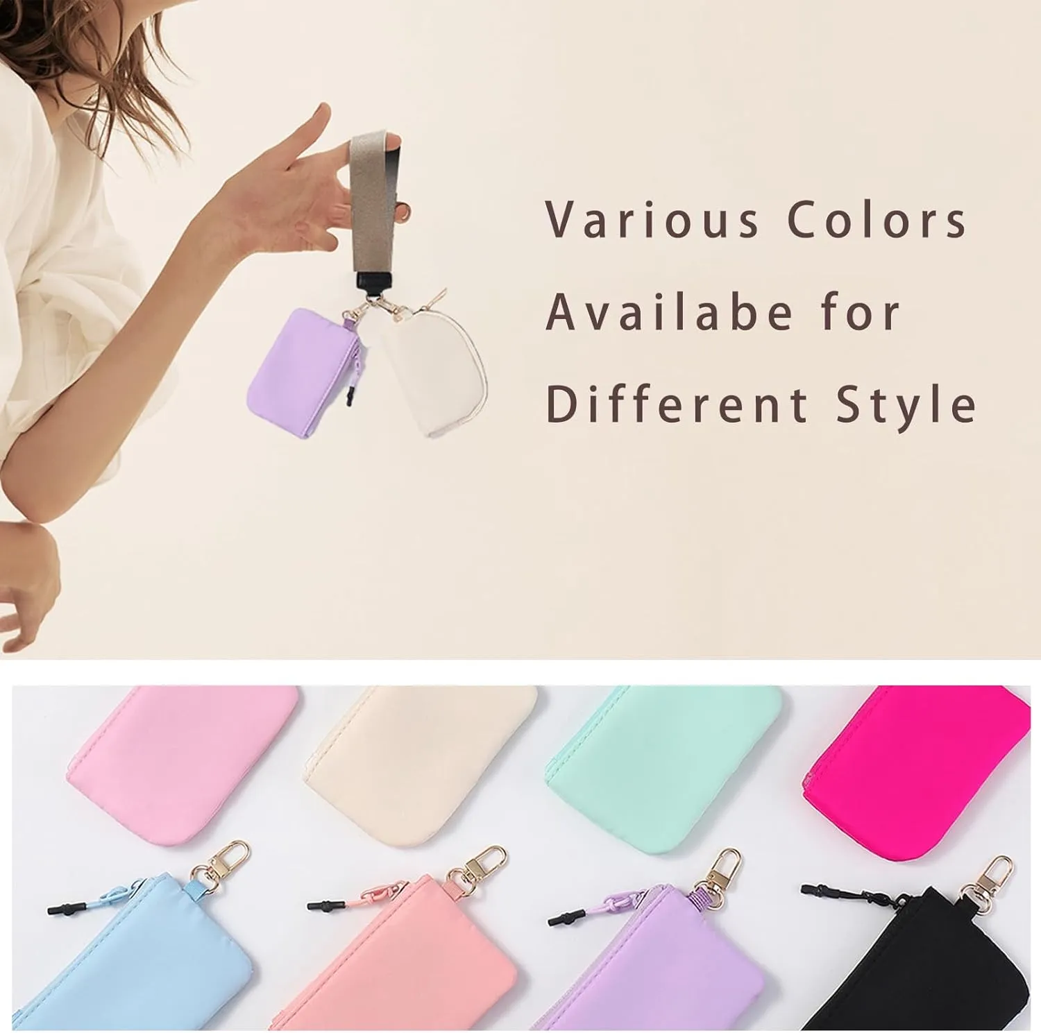 Nylon Small Keychain Makeup Bag, Zippered Pouch with Nylon Lanyard, Mini Portable Cosmetic Pouch,Coin Purse Lipstick Cosmetic Accessories Organizer（Beige and Blue）
