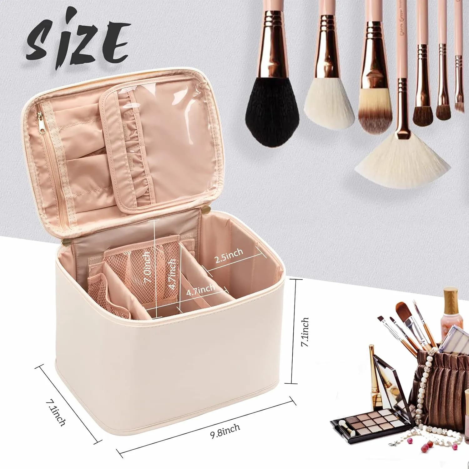 OCHEAL Makeup Bag, Portable Cosmetic Bag, Large Capacity Travel Case Organizer, Makeup Bags For Women Toiletry Bag for Girls Traveling With Handle and Divider- Beige Large