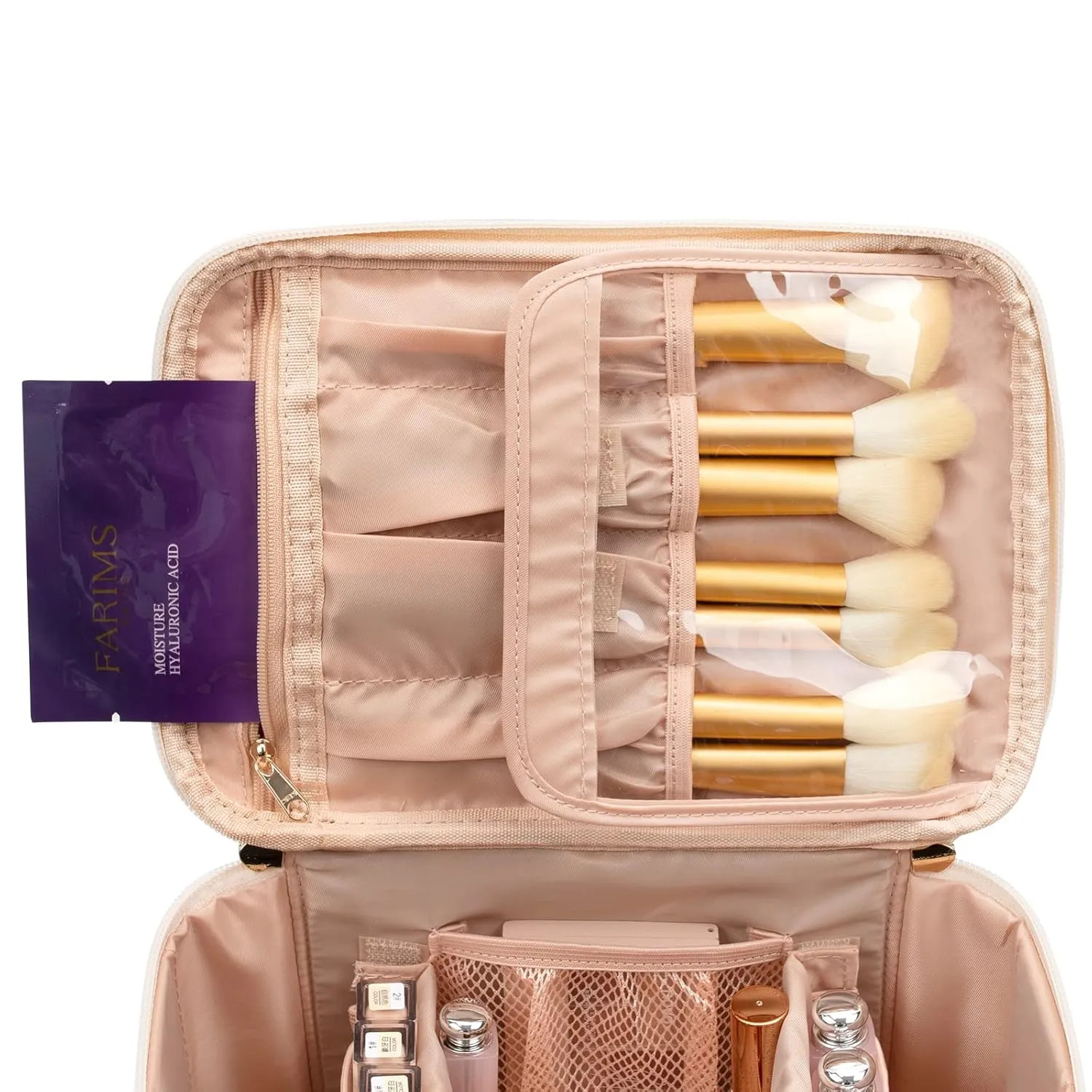 OCHEAL Makeup Bag, Portable Cosmetic Bag, Large Capacity Travel Case Organizer, Makeup Bags For Women Toiletry Bag for Girls Traveling With Handle and Divider- Beige Large