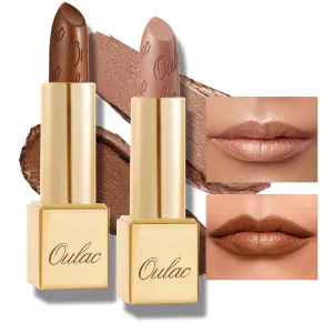 Oulac Metallic Brown & Nude Lipstick Set - 2PCS Vegan Lightweight Hydrating Formula with High Impact Lip Color for Full Coverage Lip Makeup, Christmas Gifts for Women, 08 10