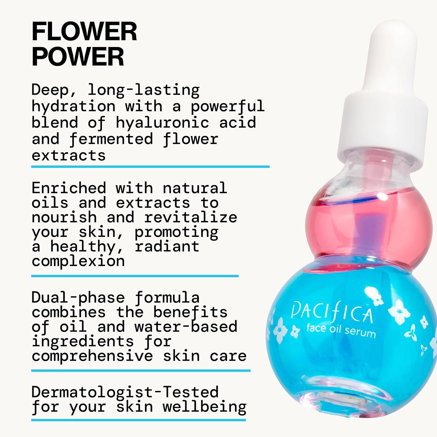 Pacifica Face Oil Serum - Flower Fix Bi-Phase Hydrating Skin Barrier - w/Hyaluronic Acid & Natural Botanical Ingredients - for Dry Sensitive Skin Vegan & Cruelty-Free Dermatologist Approved