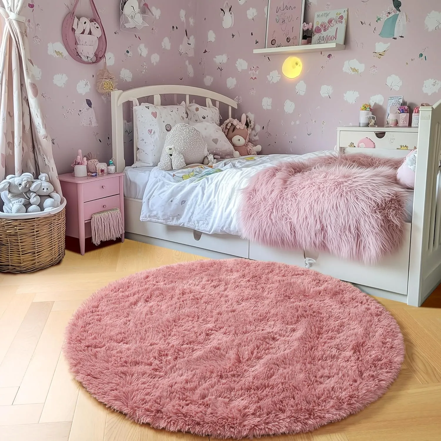 PAGISOFE 5Ft Round Rugs 5Ft, Fluffy Blush Rugs for Bedroom Girls, Furry Cute Rugs for Girls Room Decor Aesthetic, Indoor Fuzzy Circle Rug for Kids Room Nursery, Shag Carpet for Playroom Pink