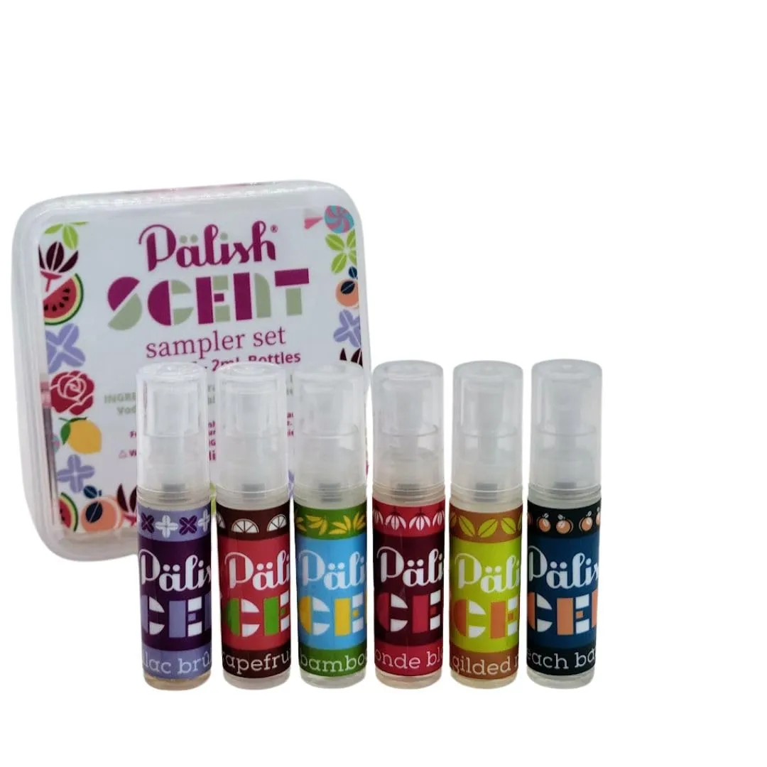 Palish, Fragrance Mist Collection, Mini Spray bottles, 6 piece mini set, 2 ml bottles, 1 each: Peach Bazaar, Gilded Mint, Lilac Brûleé, Blonde Blossom, Bamboozle and Grapefruit Blvd.