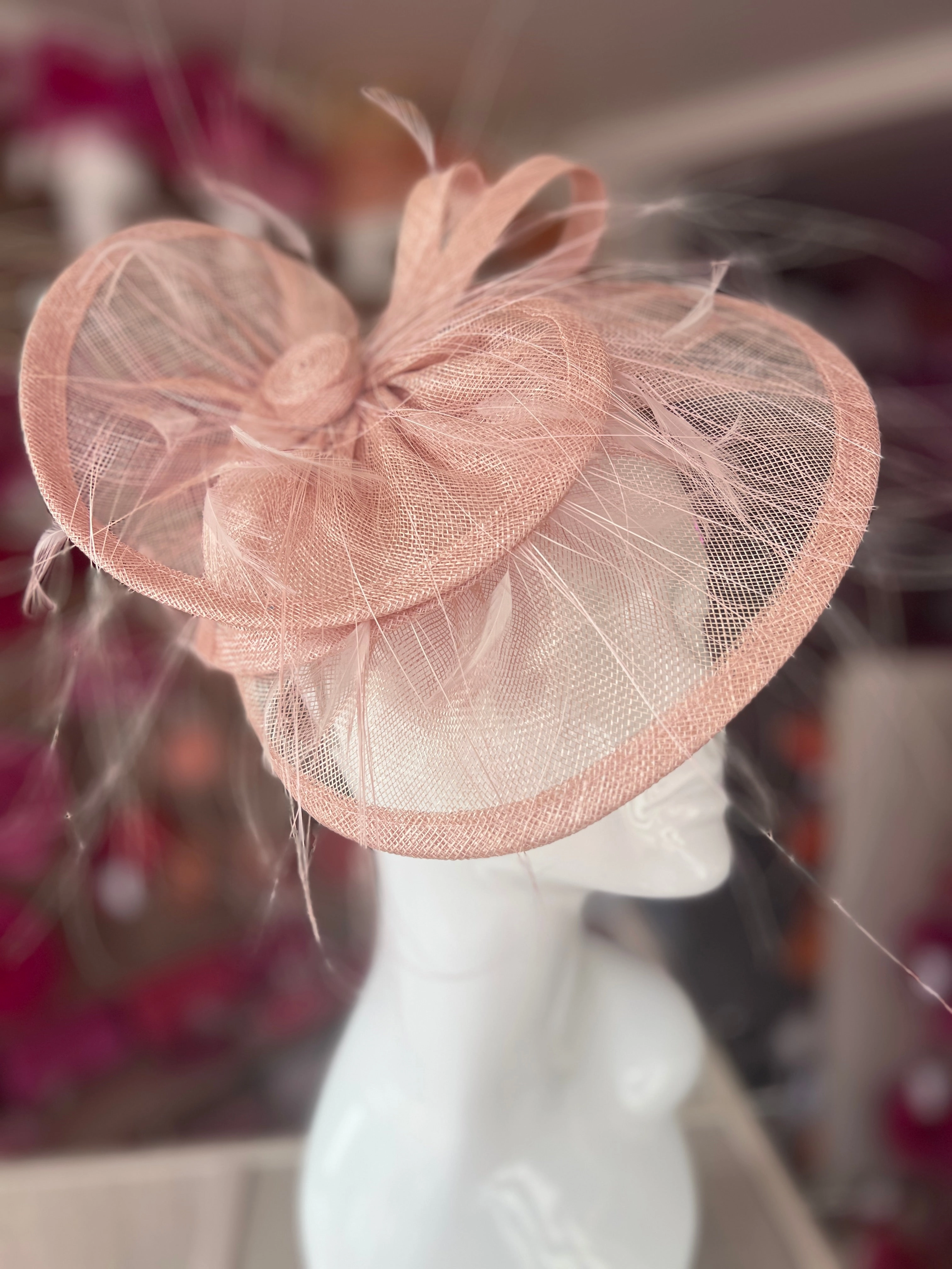 Pleated Blush Headband Fascinator with Wispy Feathers