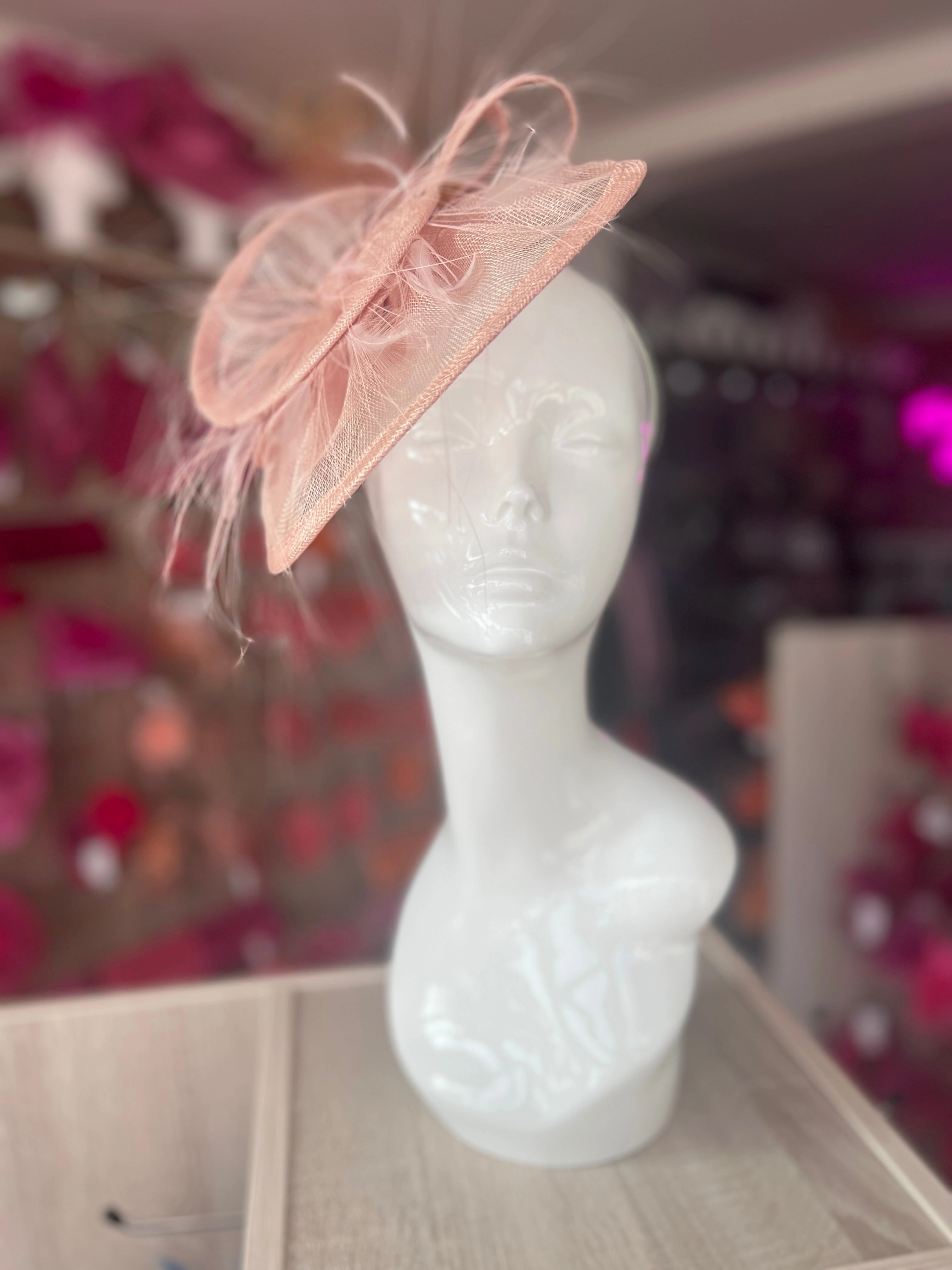 Pleated Blush Headband Fascinator with Wispy Feathers