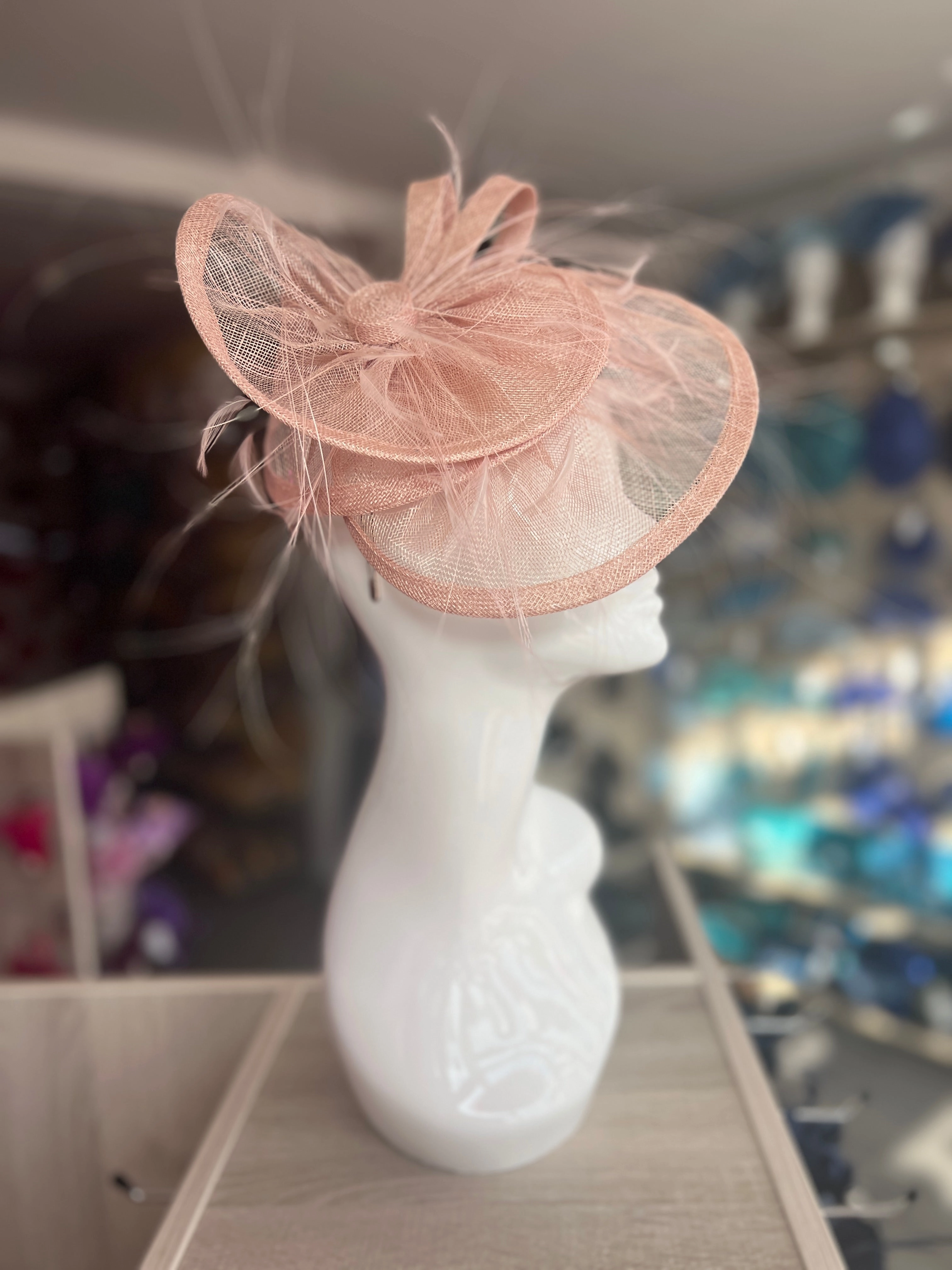 Pleated Blush Headband Fascinator with Wispy Feathers