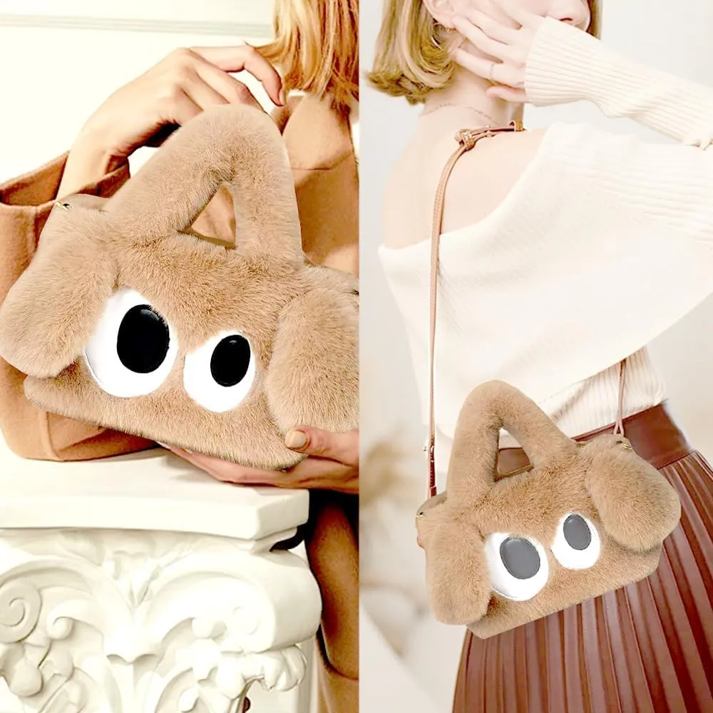Plush Cartoon Eyes Handbag, Fluffy Furry Purse, 6 Colors Available - Pink, Brown, Camel, White, Green, Blush