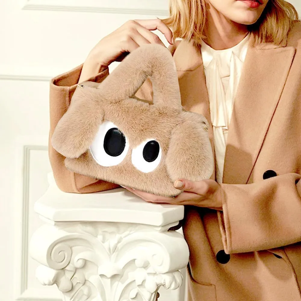 Plush Cartoon Eyes Handbag, Fluffy Furry Purse, 6 Colors Available - Pink, Brown, Camel, White, Green, Blush