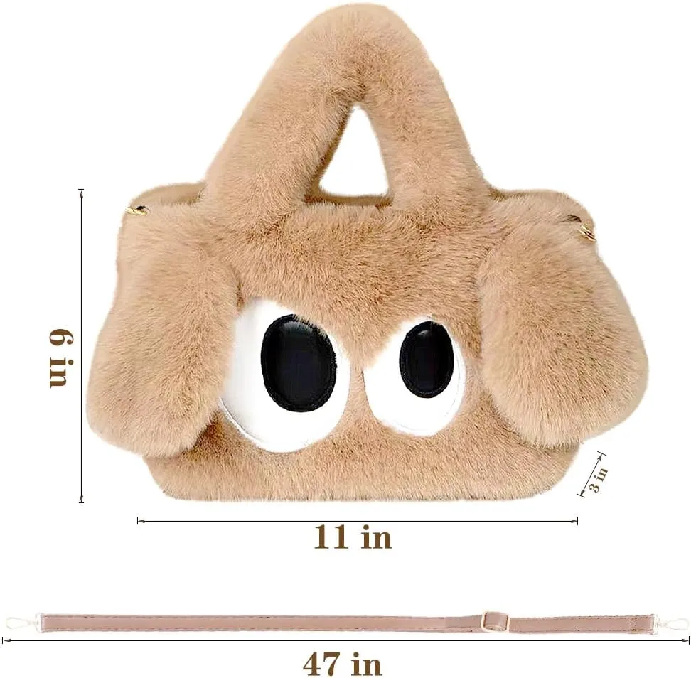 Plush Cartoon Eyes Handbag, Fluffy Furry Purse, 6 Colors Available - Pink, Brown, Camel, White, Green, Blush