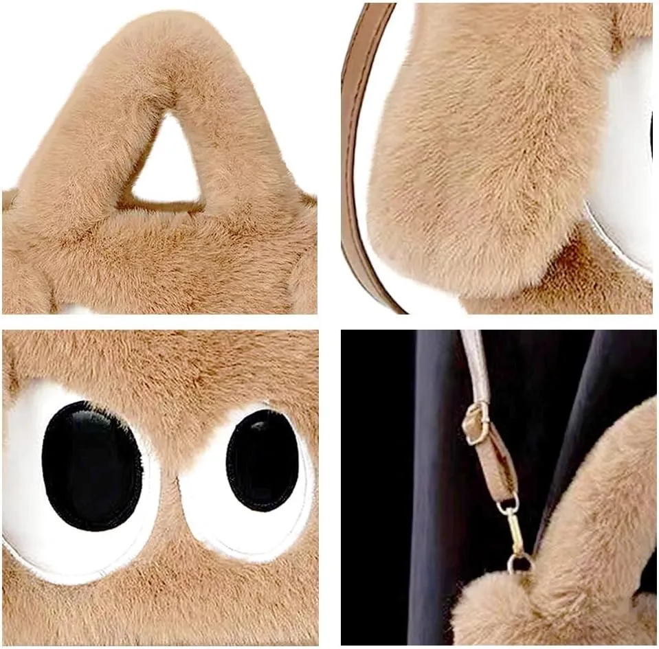 Plush Cartoon Eyes Handbag, Fluffy Furry Purse, 6 Colors Available - Pink, Brown, Camel, White, Green, Blush
