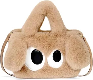 Plush Cartoon Eyes Handbag, Fluffy Furry Purse, 6 Colors Available - Pink, Brown, Camel, White, Green, Blush