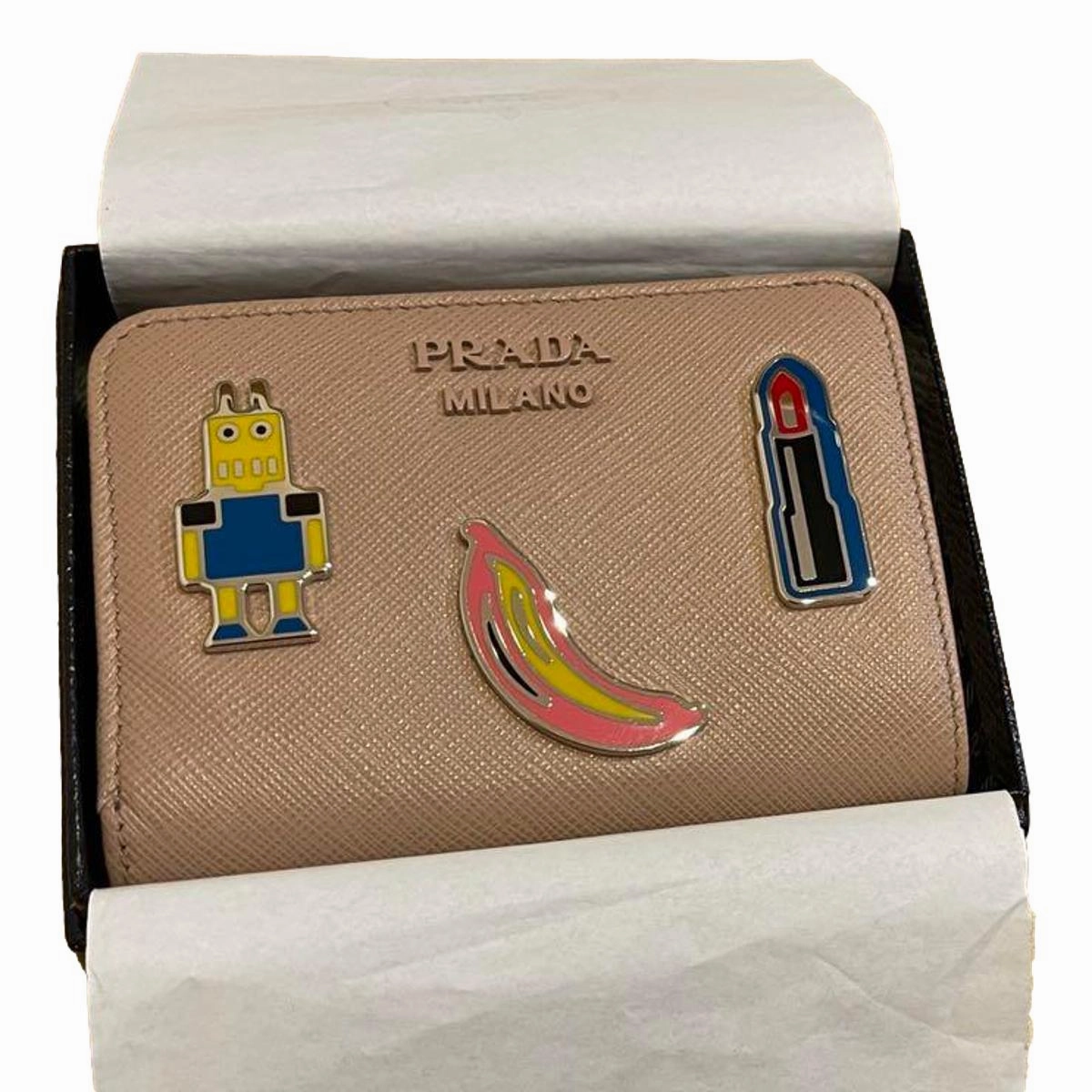 Prada Beige Saffiano Leather Character Snap Bifold Wallet 1ML018