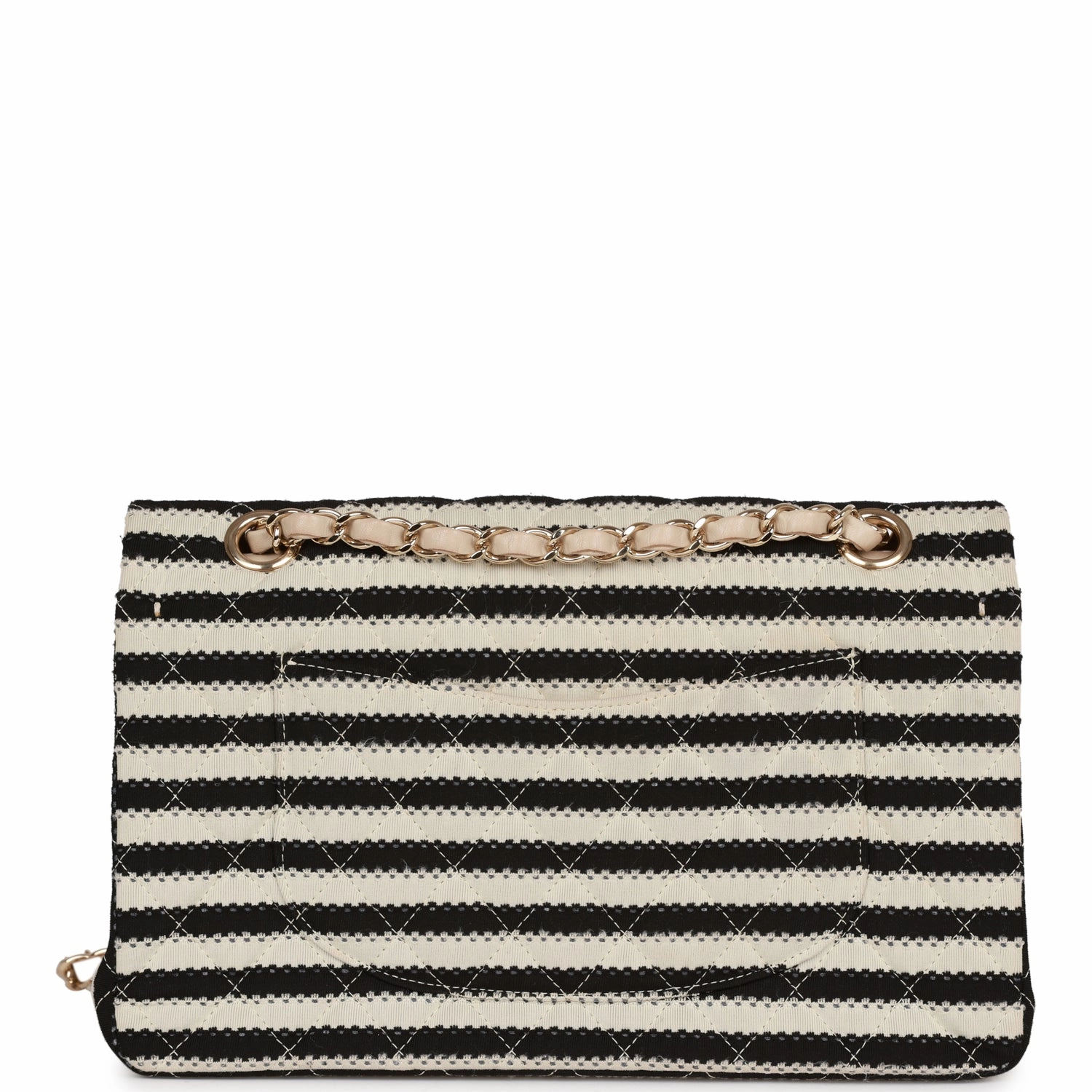 Pre-owned Chanel Medium Classic Double Flap Bag Black and Beige Striped Silk Light Gold Hardware