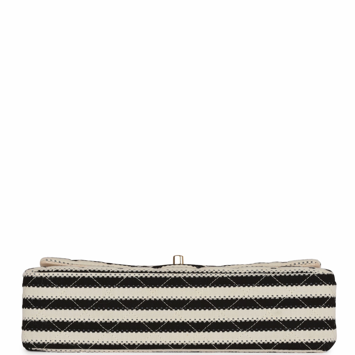 Pre-owned Chanel Medium Classic Double Flap Bag Black and Beige Striped Silk Light Gold Hardware