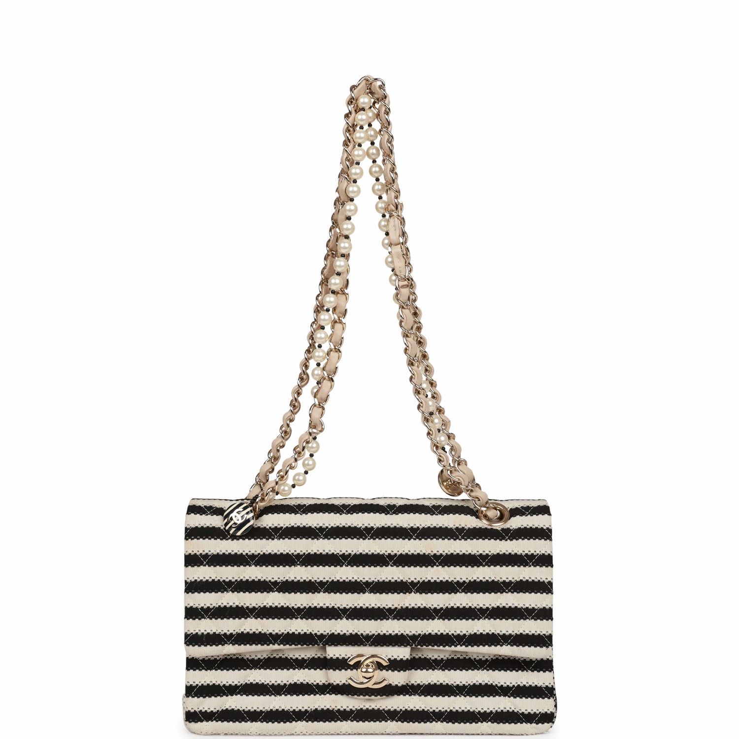 Pre-owned Chanel Medium Classic Double Flap Bag Black and Beige Striped Silk Light Gold Hardware