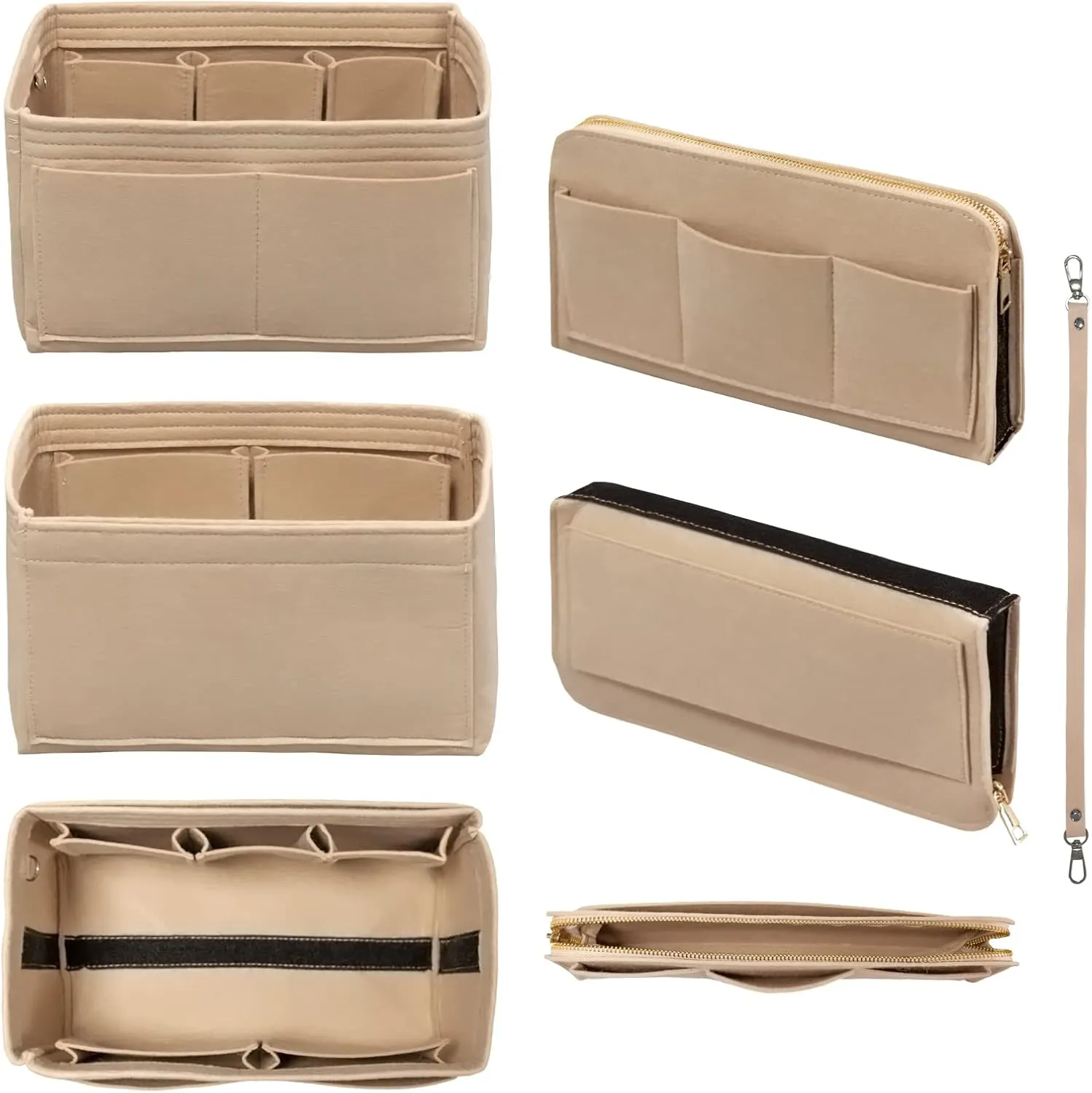 Purse Organiser with Zip, Key Ring, Felt Bag, Organiser, Handbag Organiser, with Key Chain for Bag, Suitable for LV Speedy Neverfull Longchamp Beige, Large