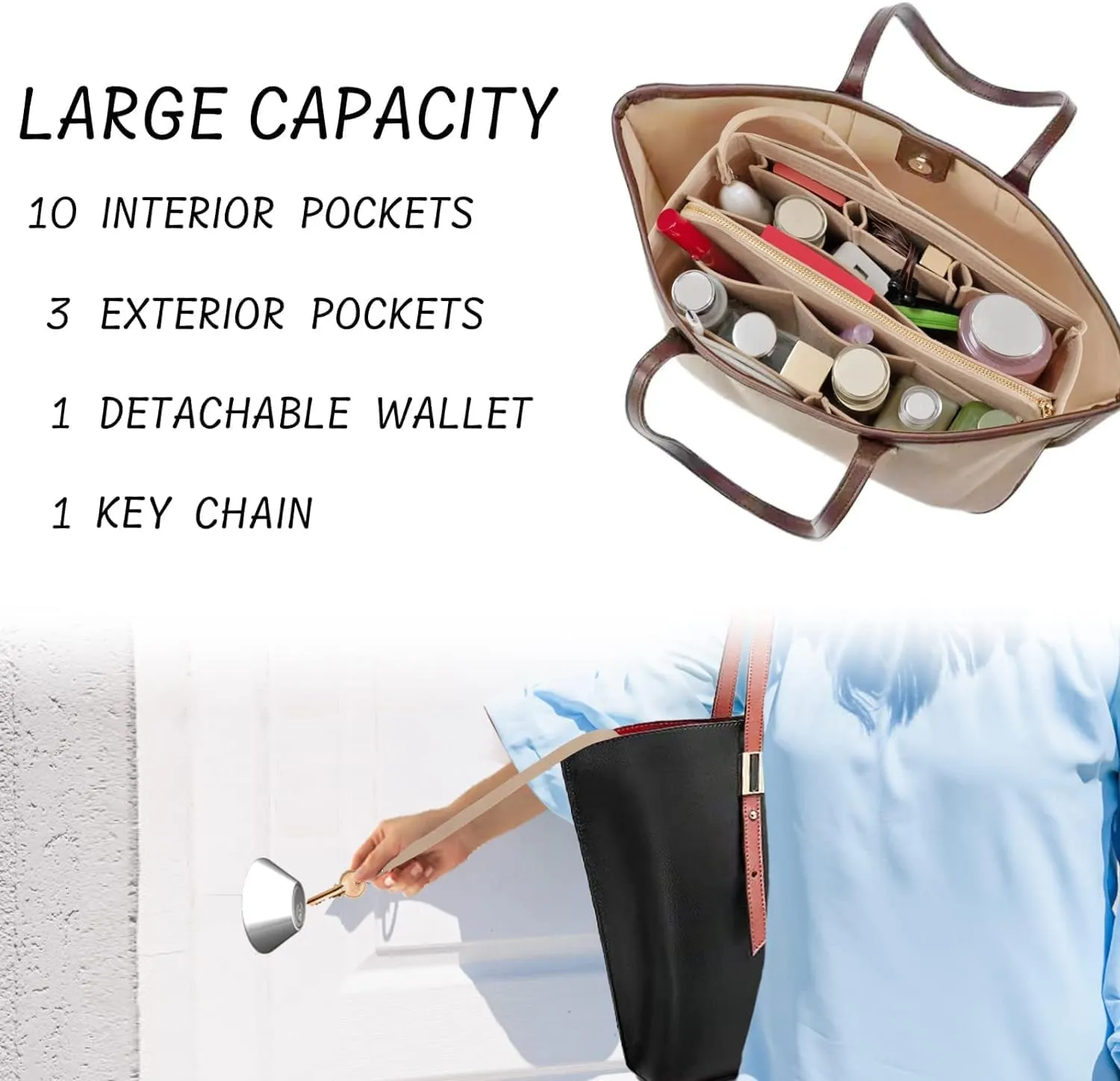 Purse Organiser with Zip, Key Ring, Felt Bag, Organiser, Handbag Organiser, with Key Chain for Bag, Suitable for LV Speedy Neverfull Longchamp Beige, Large